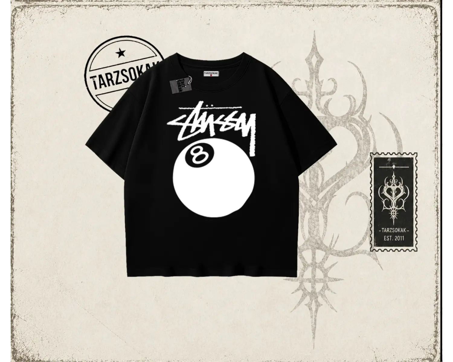 Unisex Stüssy 8Ball Oversize Unisex Tişört Beyaz