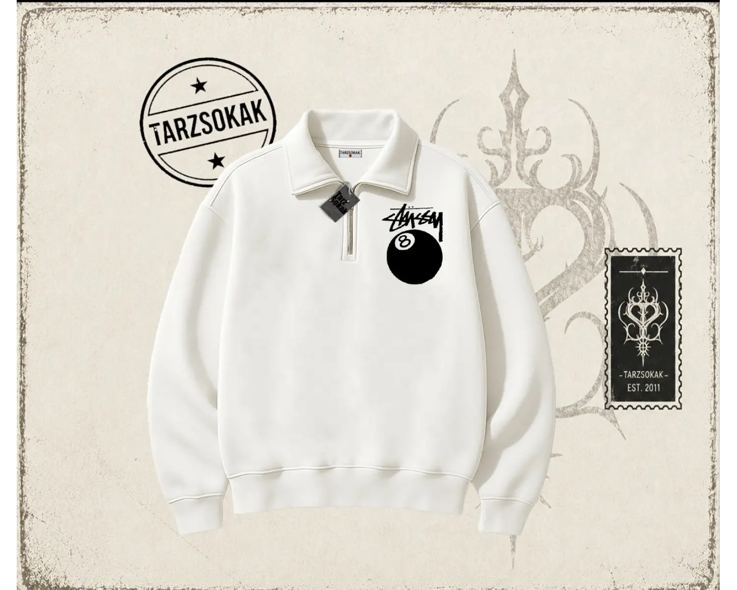 Unisex Stüssy 8Ball Unisex Polo Yaka Yarım Fermuarlı Sweatshirt Beyaz