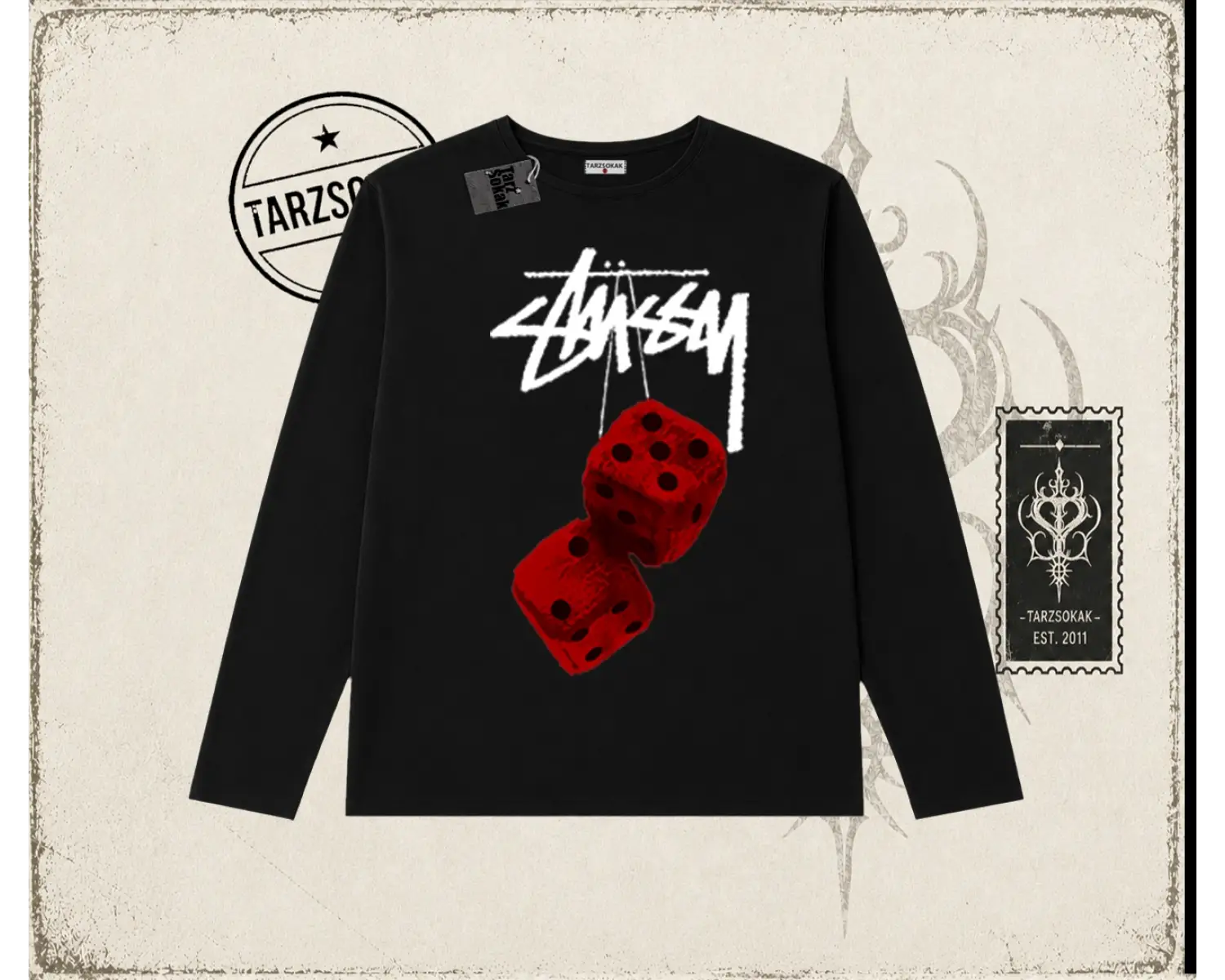 Unisex Stüssy Zar Biskilet Yaka  Long Sleeve Beyaz