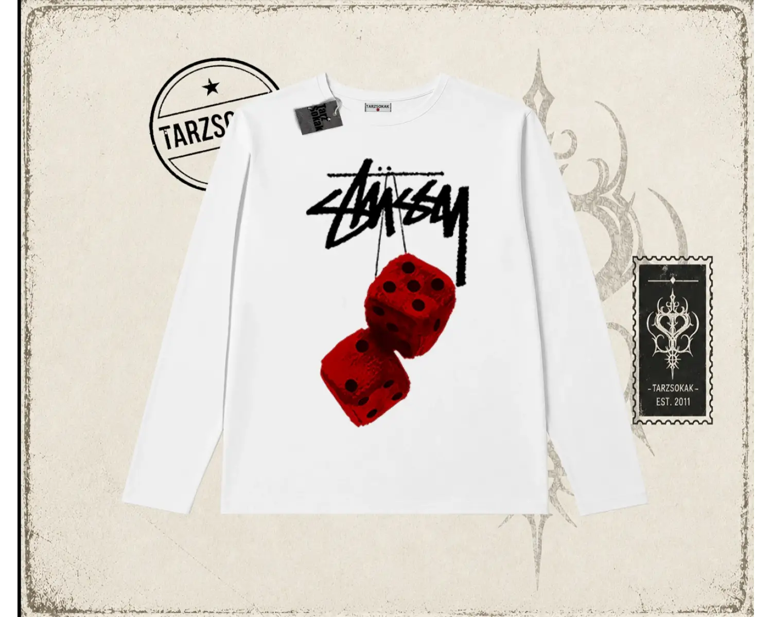 Unisex Stüssy Zar Biskilet Yaka  Long Sleeve Beyaz