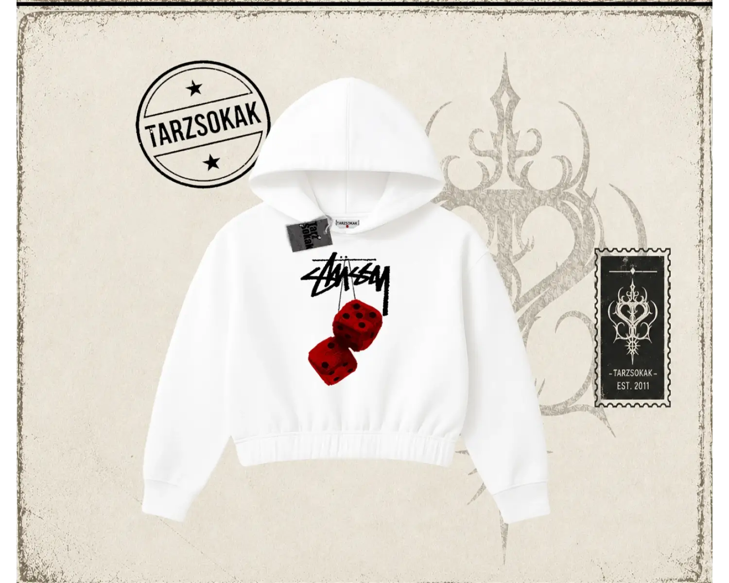 Unisex Stüssy Zar Kadın Crop Kapşonlu Sweatshirt Beyaz