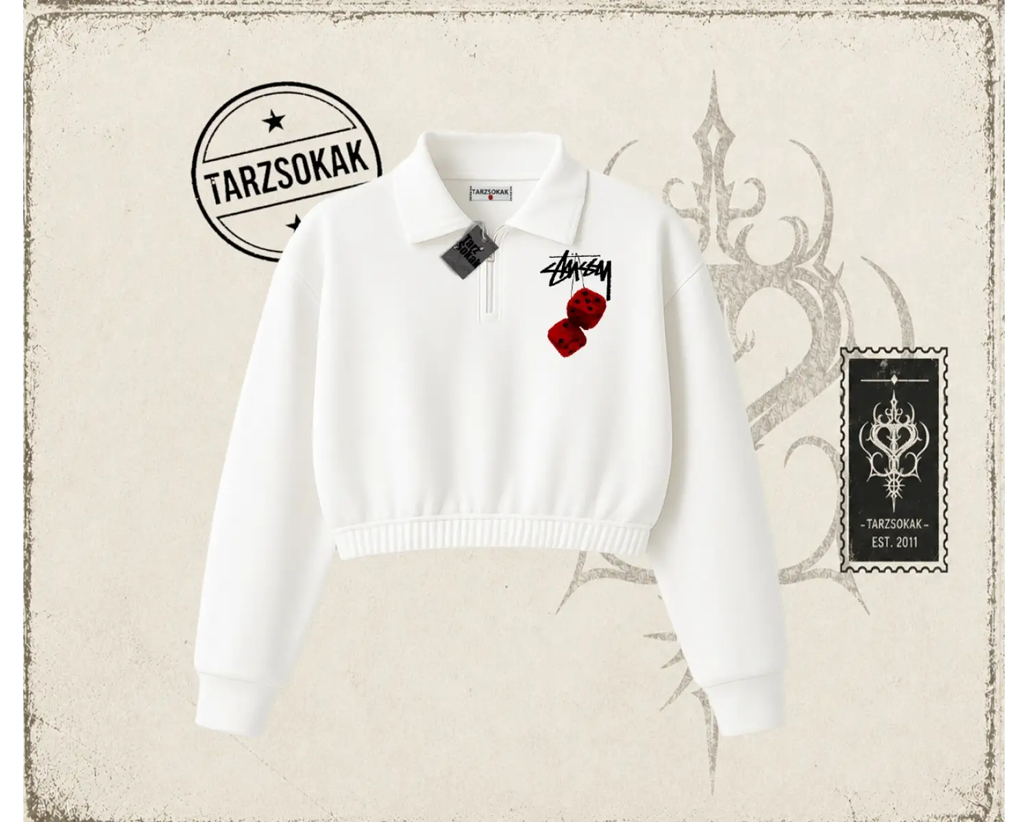 Unisex Stüssy Zar Kadın Crop Polo Yaka Yarım Fermuarlı Sweatshirt Beyaz
