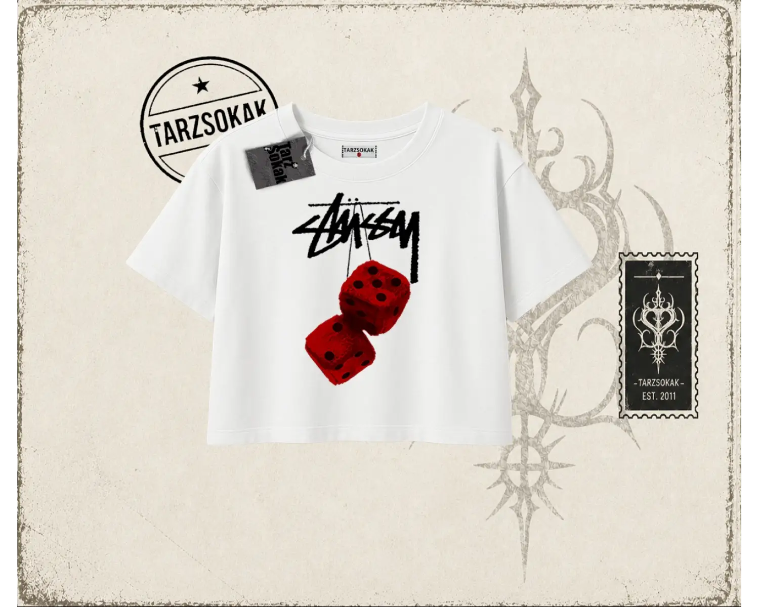 Unisex Stüssy Zar Kadın Crop Tişört Beyaz