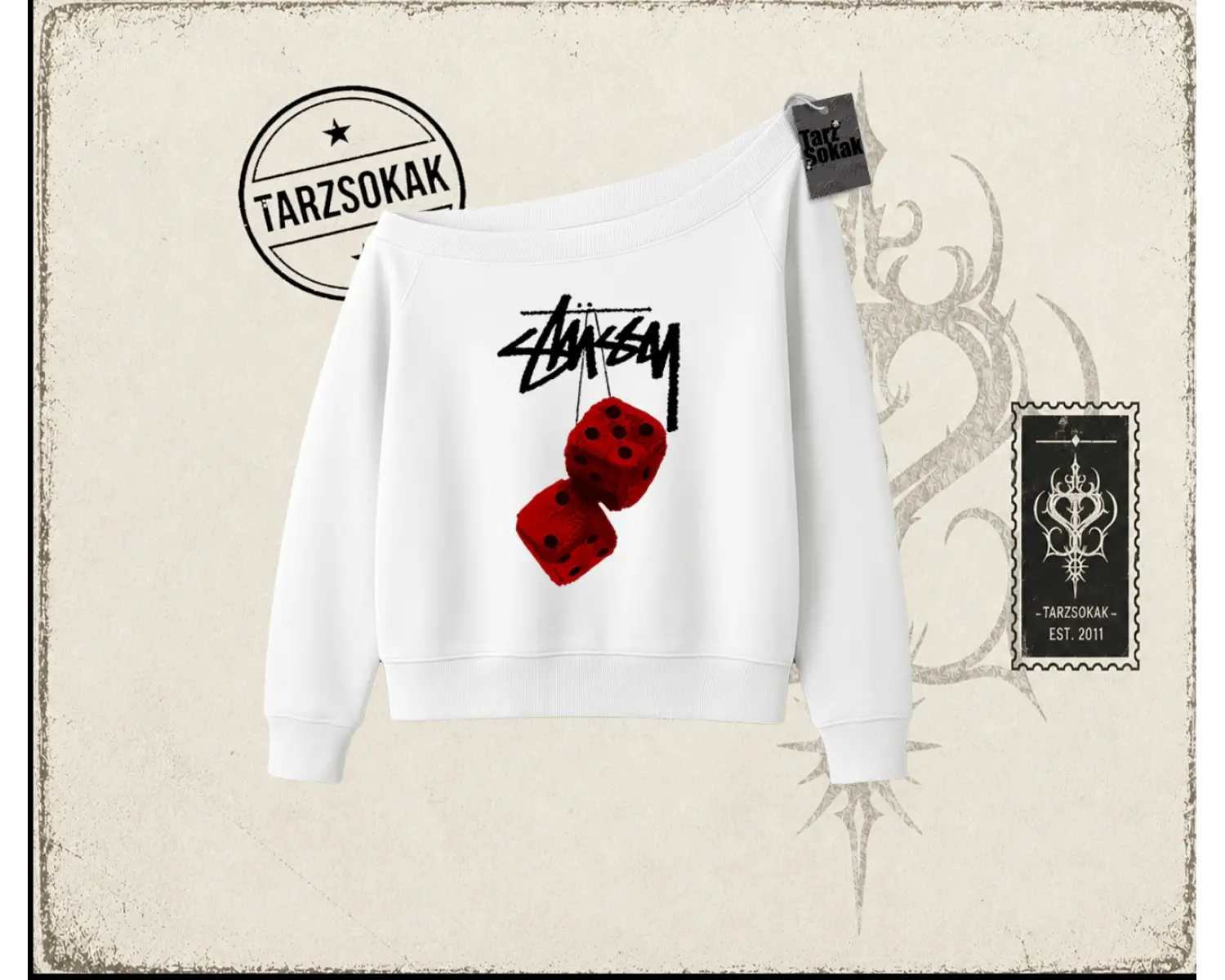Unisex Stüssy Zar Kadın Kayık Yaka Sweatshirt Beyaz