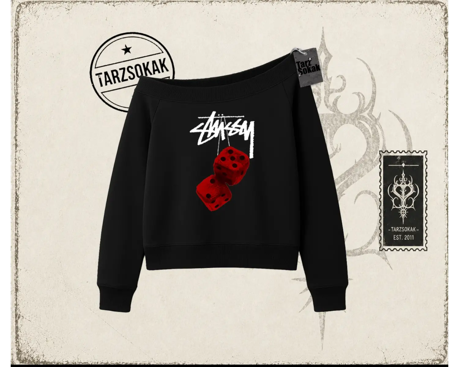 Unisex Stüssy Zar Kadın Kayık Yaka Sweatshirt Beyaz