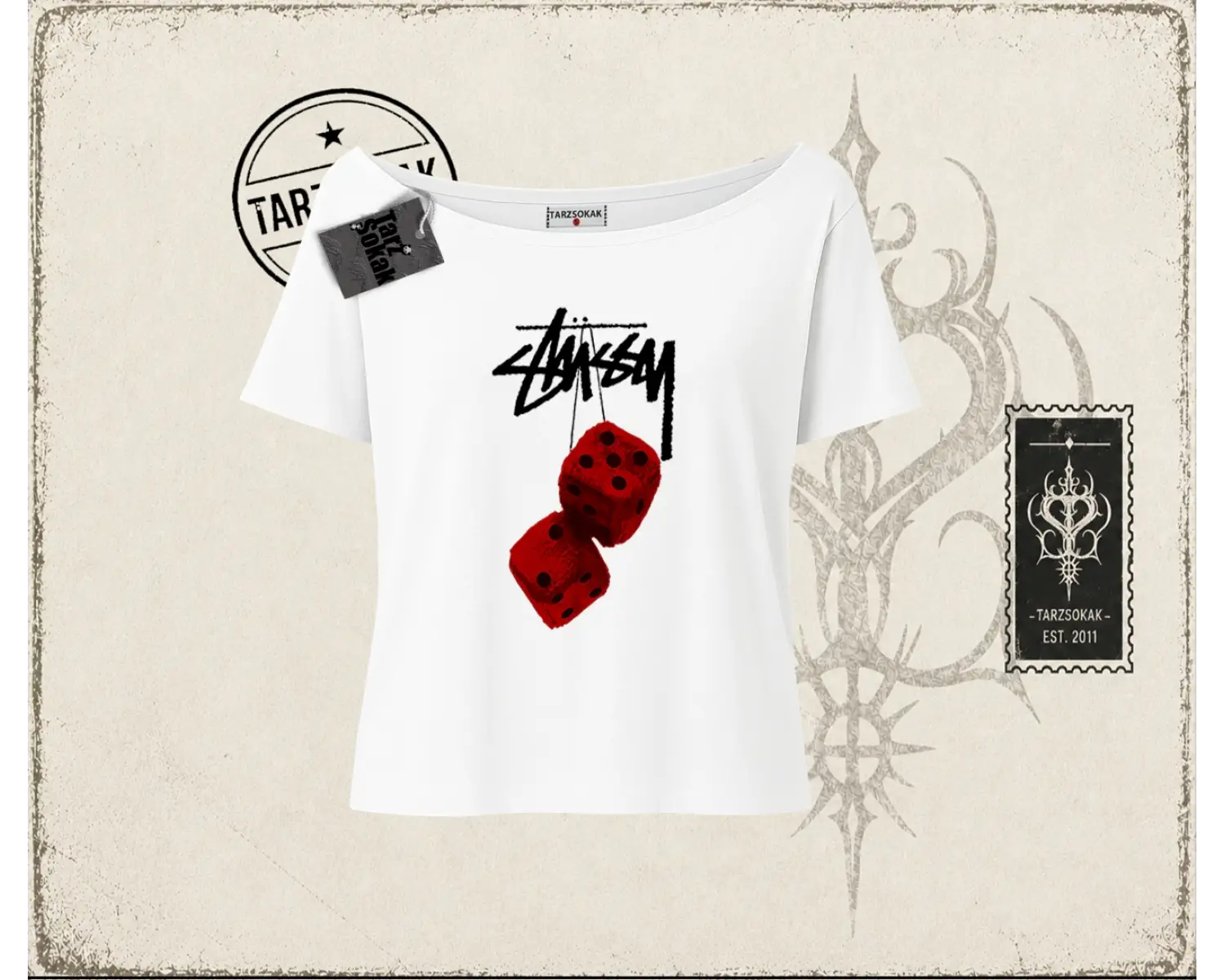 Unisex Stüssy Zar Kadın Kayık Yaka Tişört Beyaz