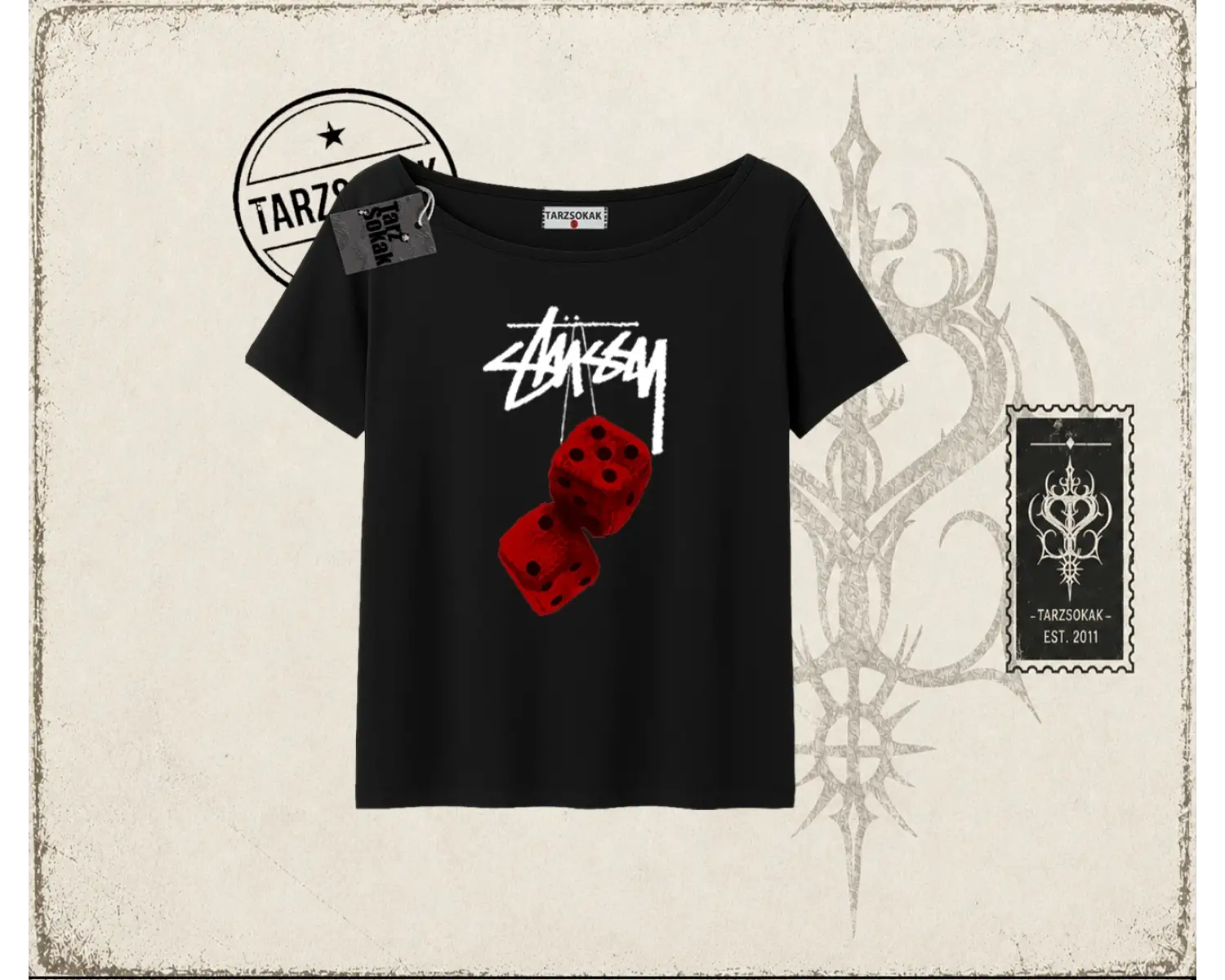 Unisex Stüssy Zar Kadın Kayık Yaka Tişört Beyaz
