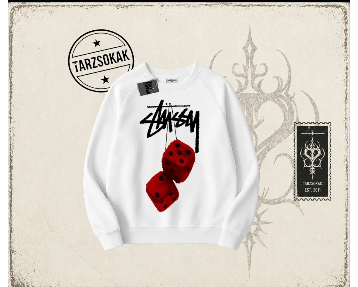 Unisex Stüssy Zar Oversize Unisex Bisiklet Yaka Sweatshirt Beyaz