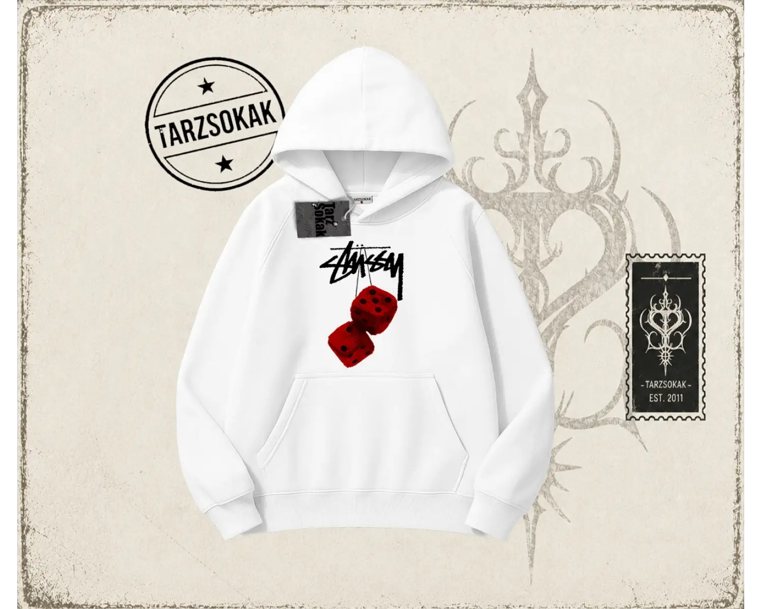 Unisex Stüssy Zar Oversize Unisex Kapşonlu Sweatshirt Beyaz