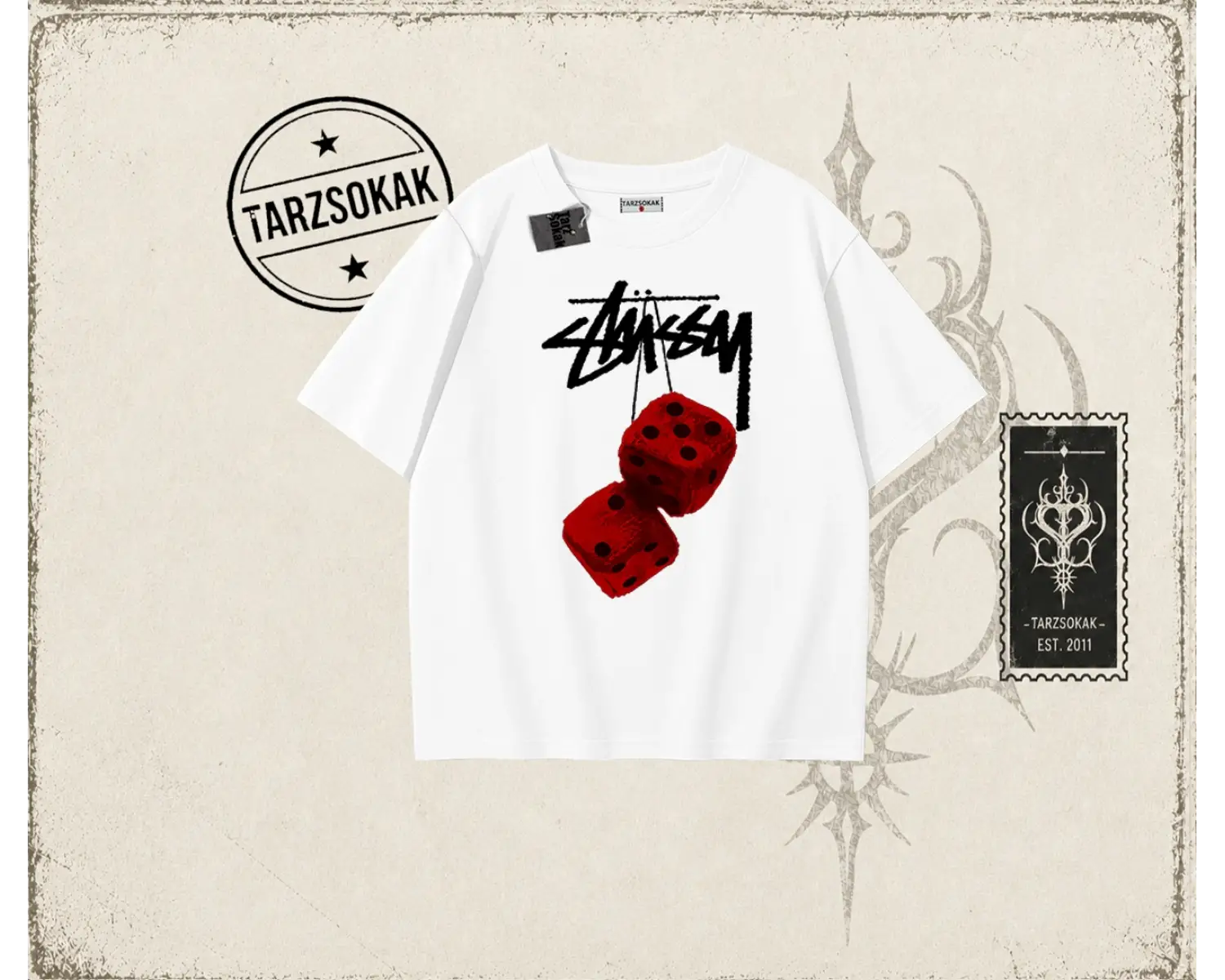 Unisex Stüssy Zar Oversize Unisex Tişört Beyaz