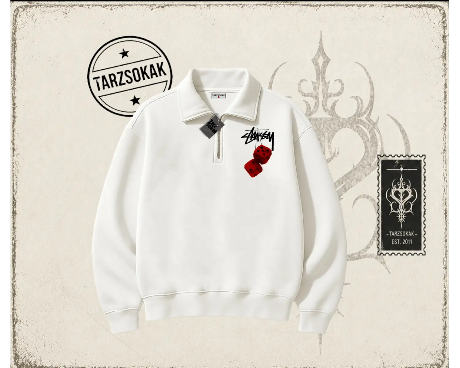 Unisex Stüssy Zar Unisex Polo Yaka Yarım Fermuarlı Sweatshirt Beyaz