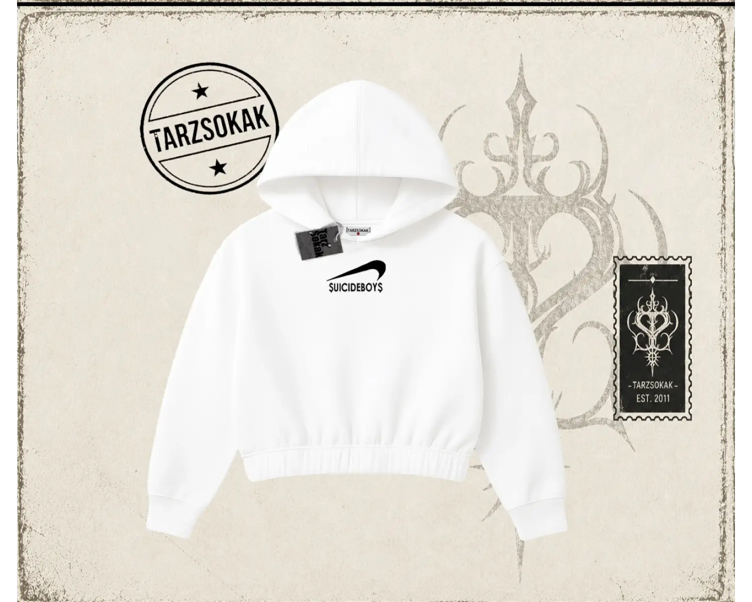 Unisex Suicedeboys Kadın Crop Kapşonlu Sweatshirt Beyaz