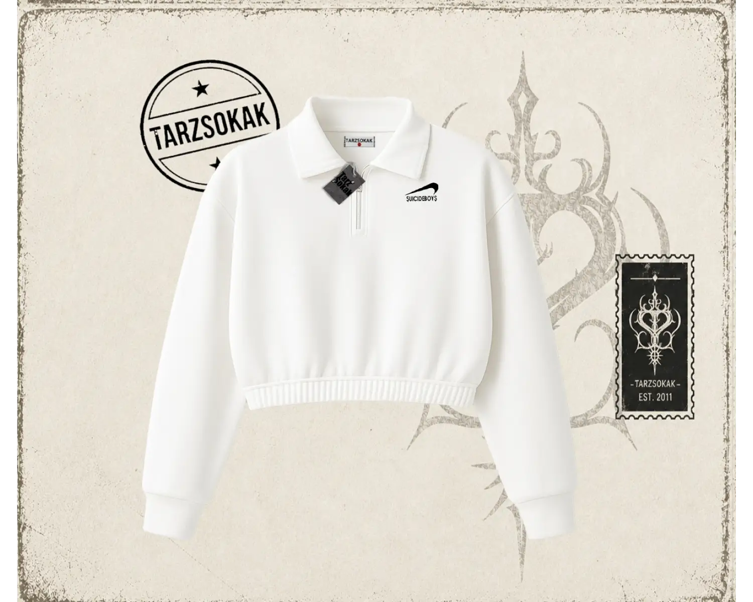 Unisex Suicedeboys Kadın Crop Polo Yaka Yarım Fermuarlı Sweatshirt Beyaz