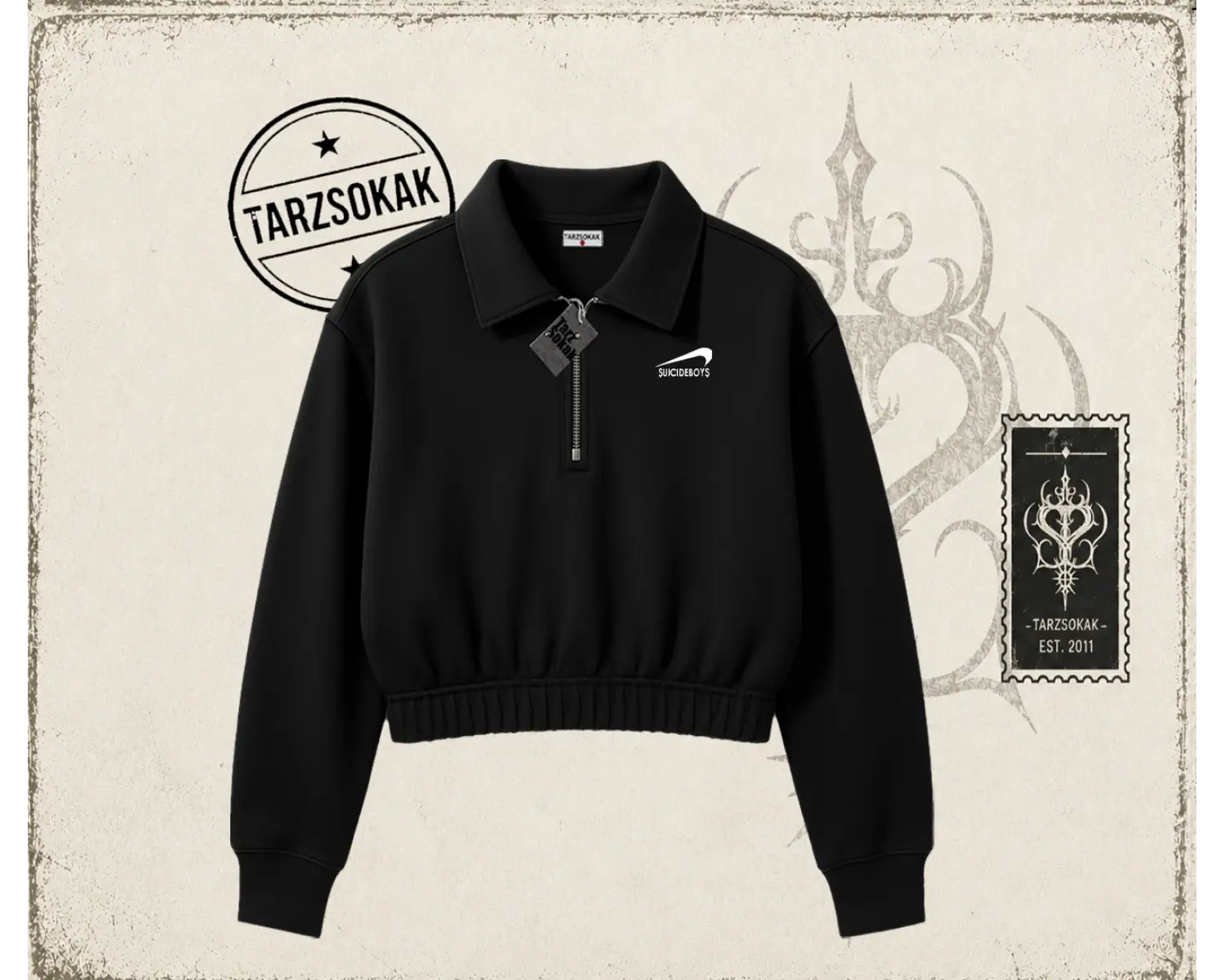 Unisex Suicedeboys Kadın Crop Polo Yaka Yarım Fermuarlı Sweatshirt Beyaz