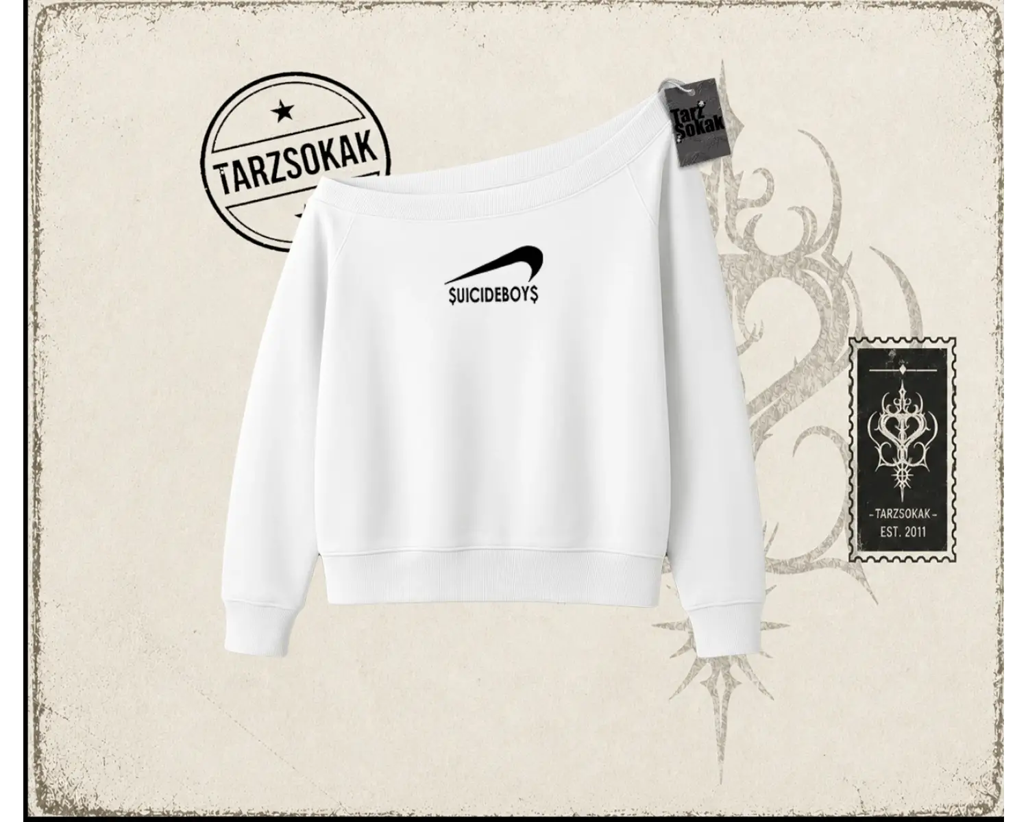 Unisex Suicedeboys Kadın Kayık Yaka Sweatshirt Beyaz