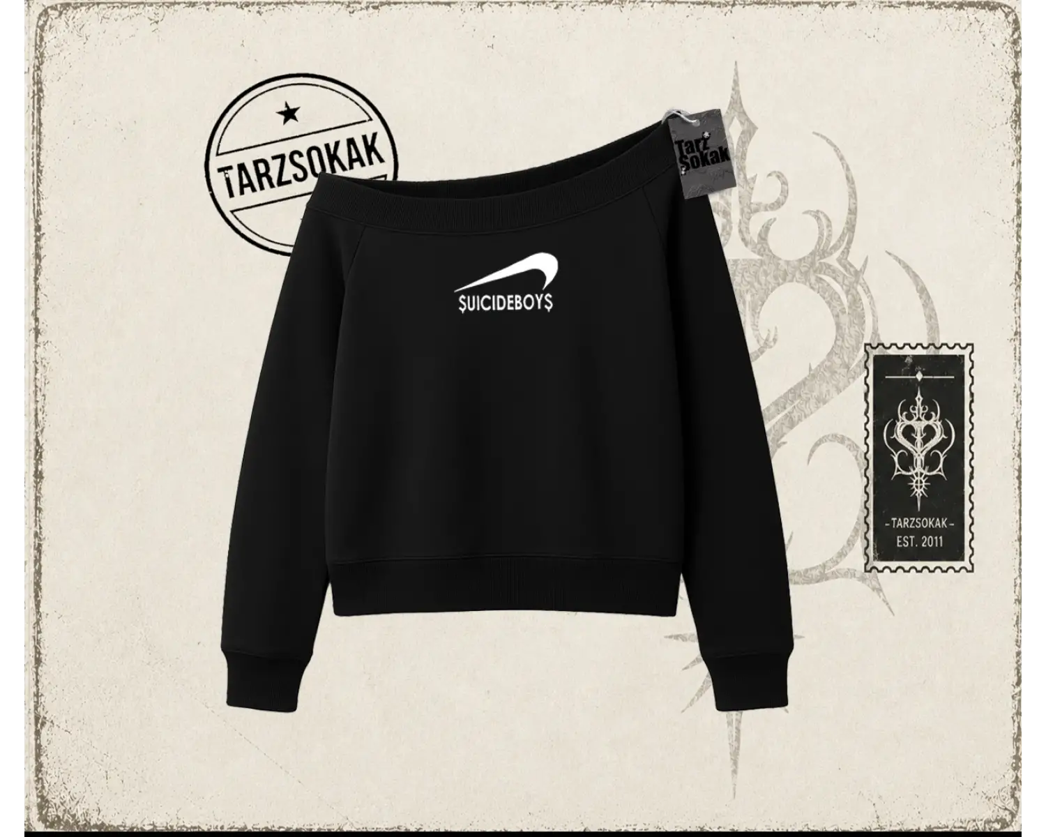 Unisex Suicedeboys Kadın Kayık Yaka Sweatshirt Beyaz
