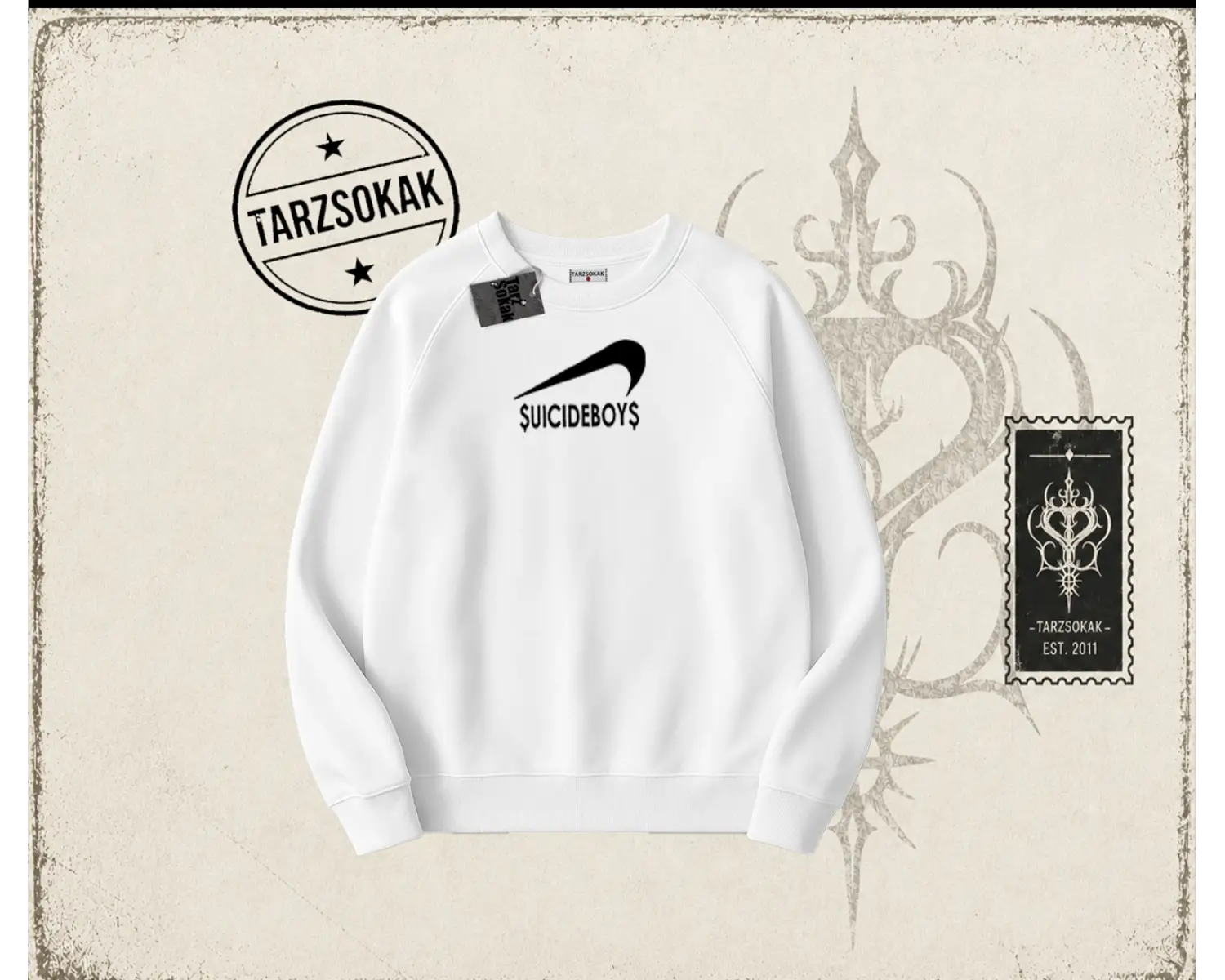 Unisex Suicedeboys Oversize Unisex Bisiklet Yaka Sweatshirt Beyaz