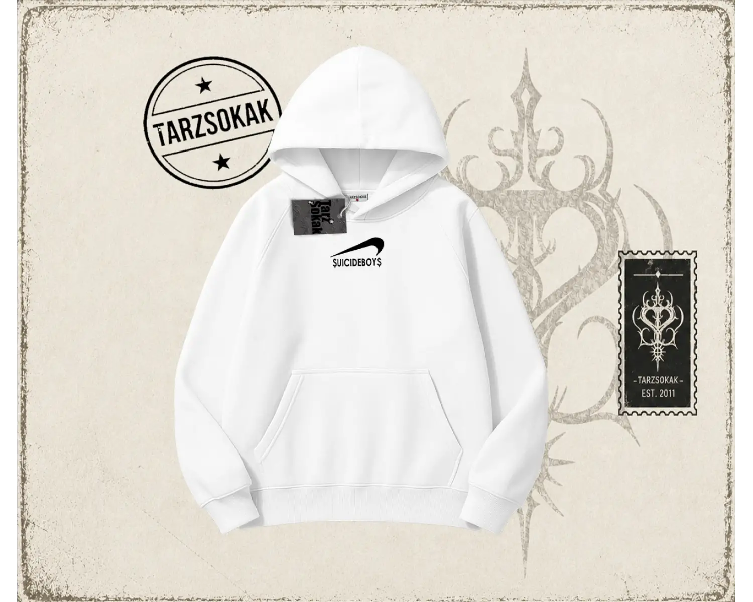 Unisex Suicedeboys Oversize Unisex Kapşonlu Sweatshirt Beyaz