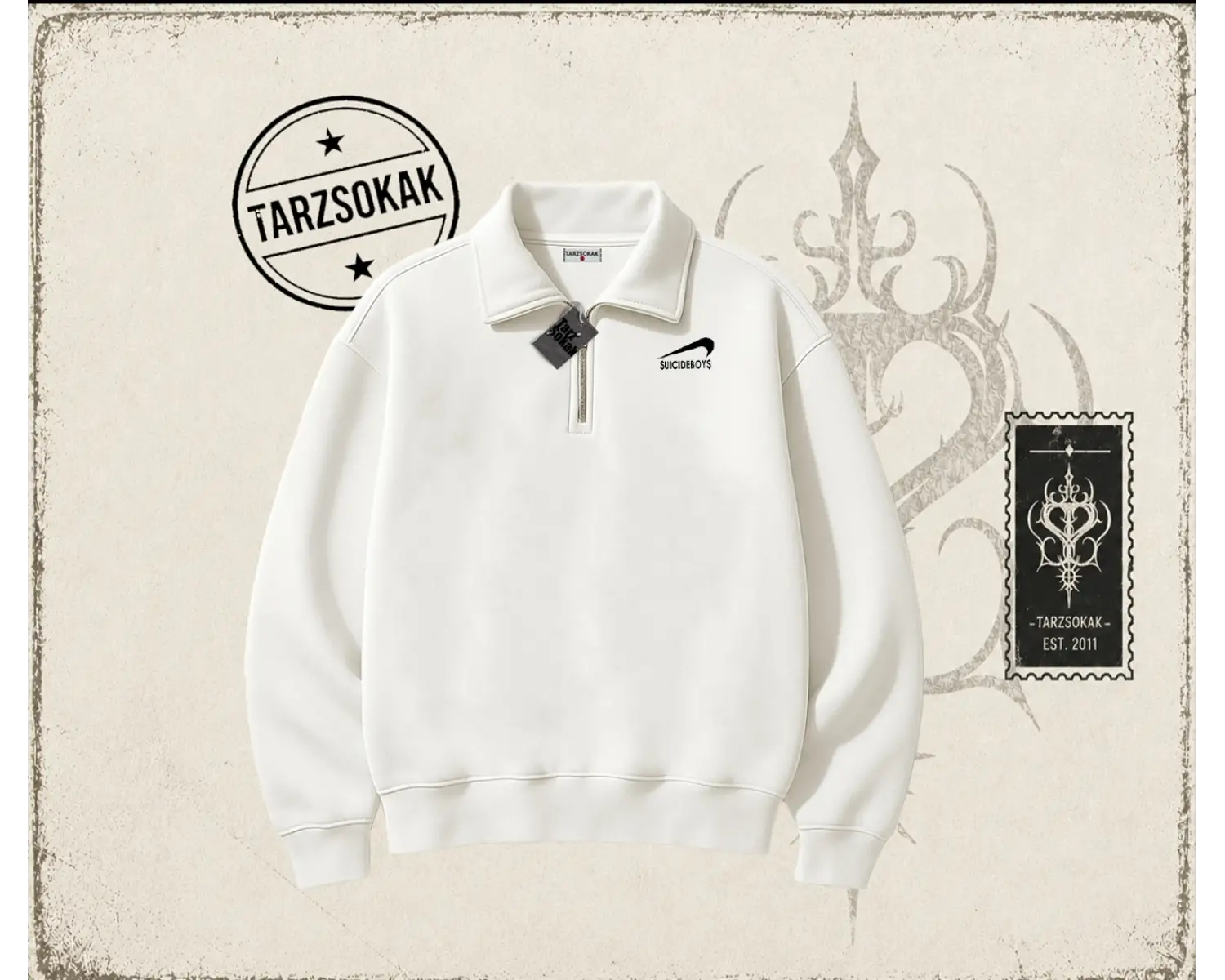 Unisex Suicedeboys Unisex Polo Yaka Yarım Fermuarlı Sweatshirt Beyaz