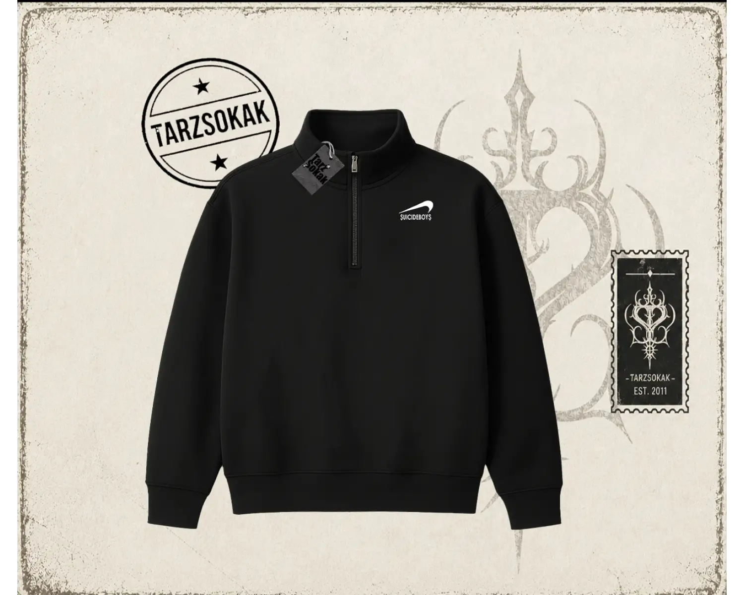 Unisex Suicedeboys Unisex Polo Yaka Yarım Fermuarlı Sweatshirt Beyaz