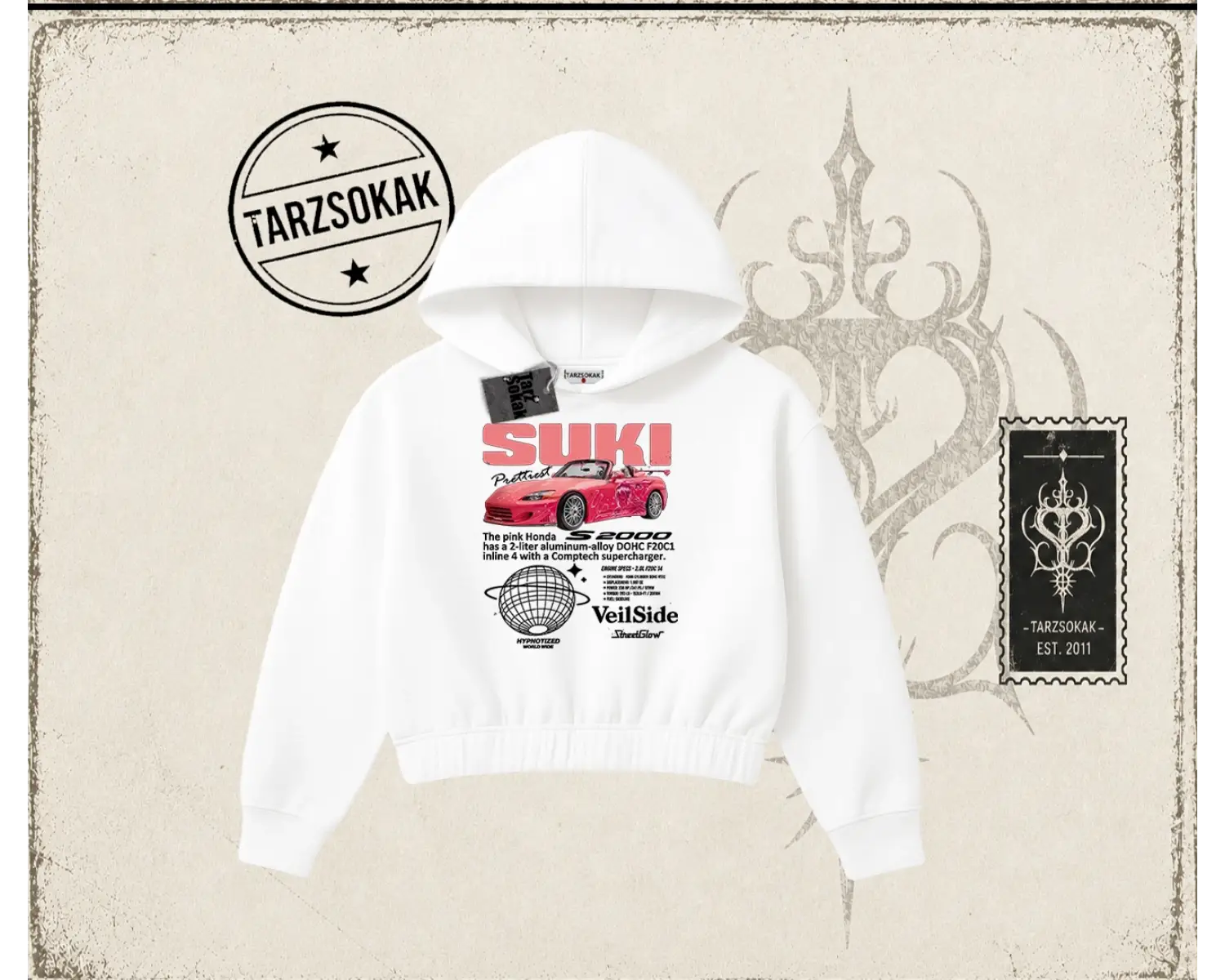 Unisex Suki Fast And Furious Kadın Crop Kapşonlu Sweatshirt Beyaz