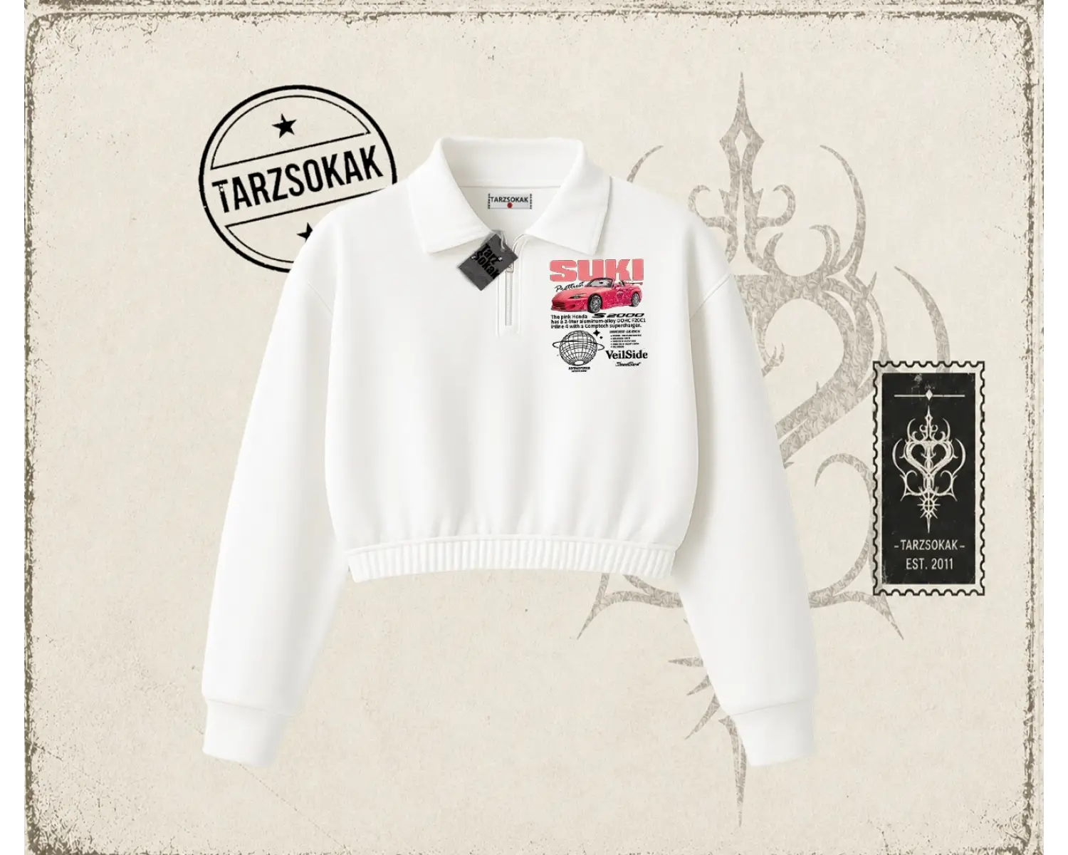Unisex Suki Fast And Furious Kadın Crop Polo Yaka Yarım Fermuarlı Sweatshirt Beyaz
