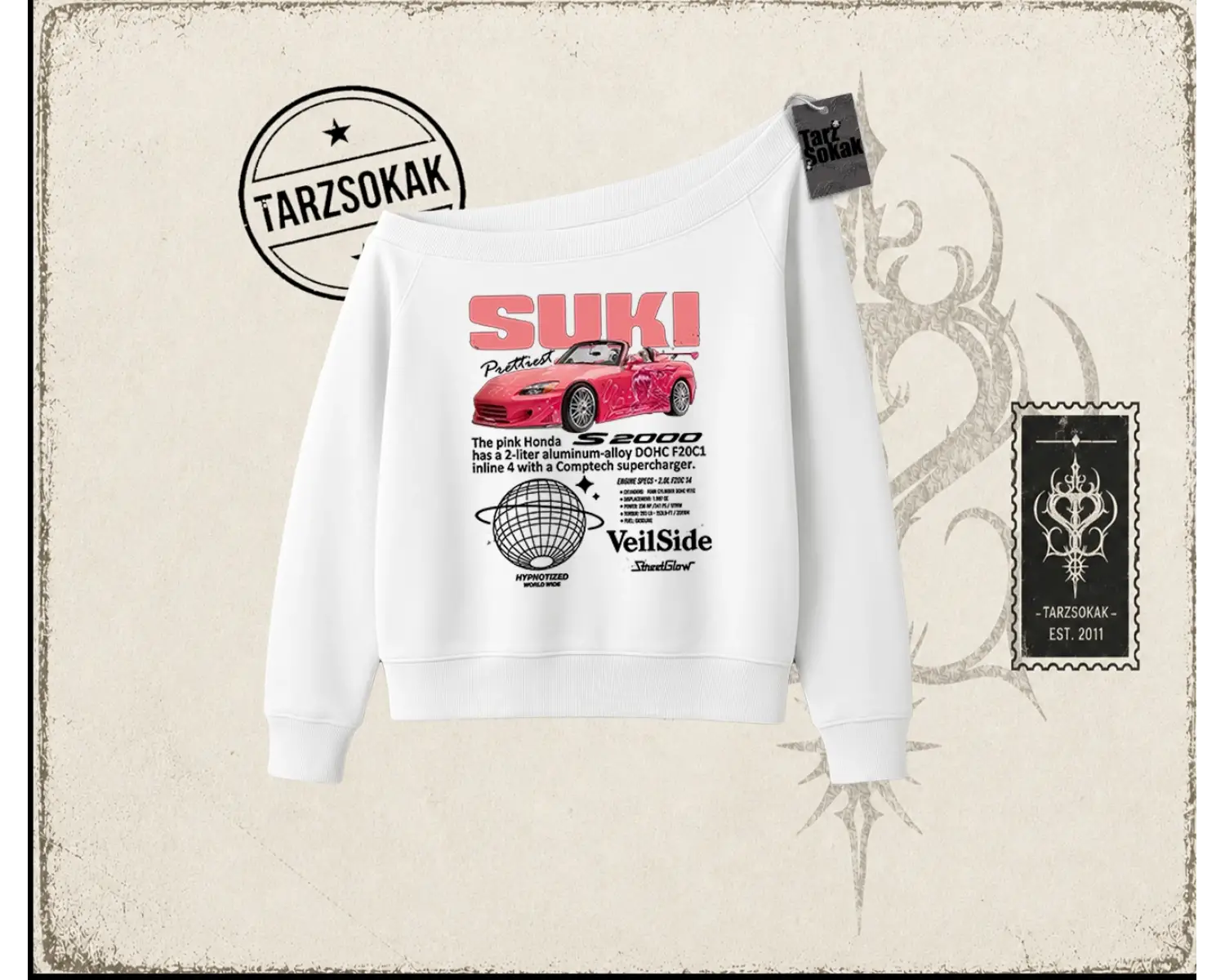Unisex Suki Fast And Furious Kadın Kayık Yaka Sweatshirt Beyaz