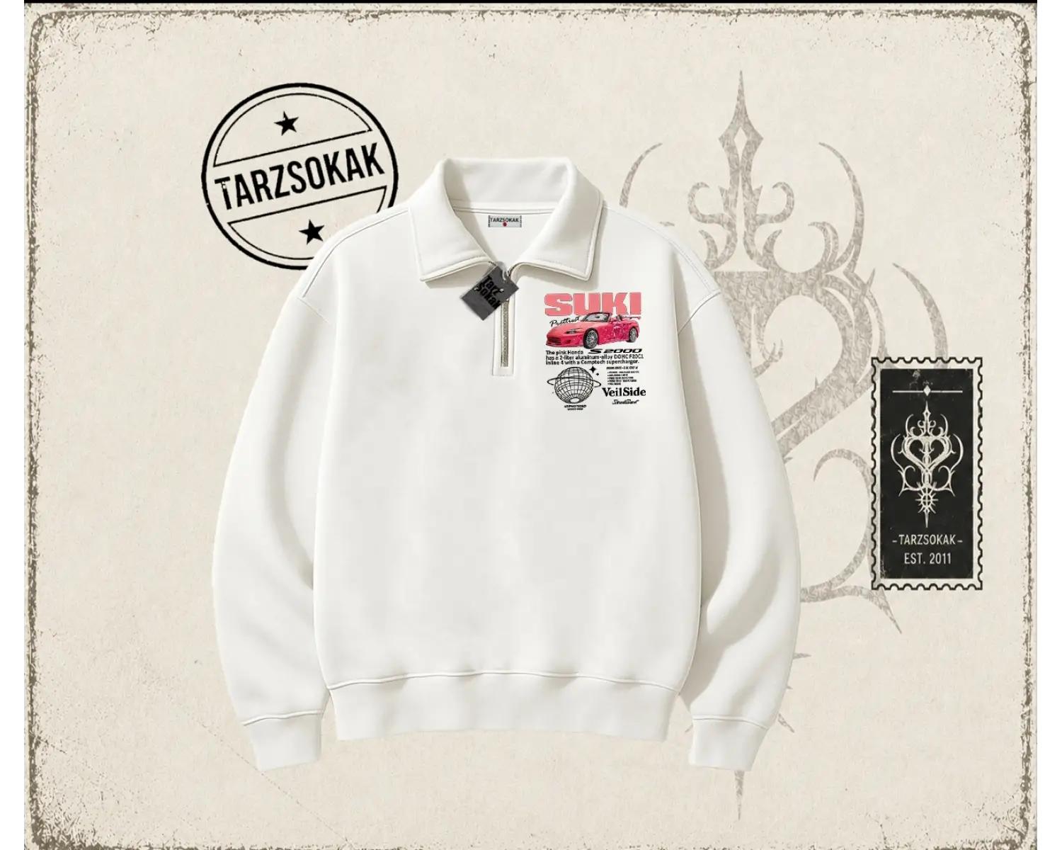 Unisex Suki Fast And Furious Unisex Polo Yaka Yarım Fermuarlı Sweatshirt Beyaz