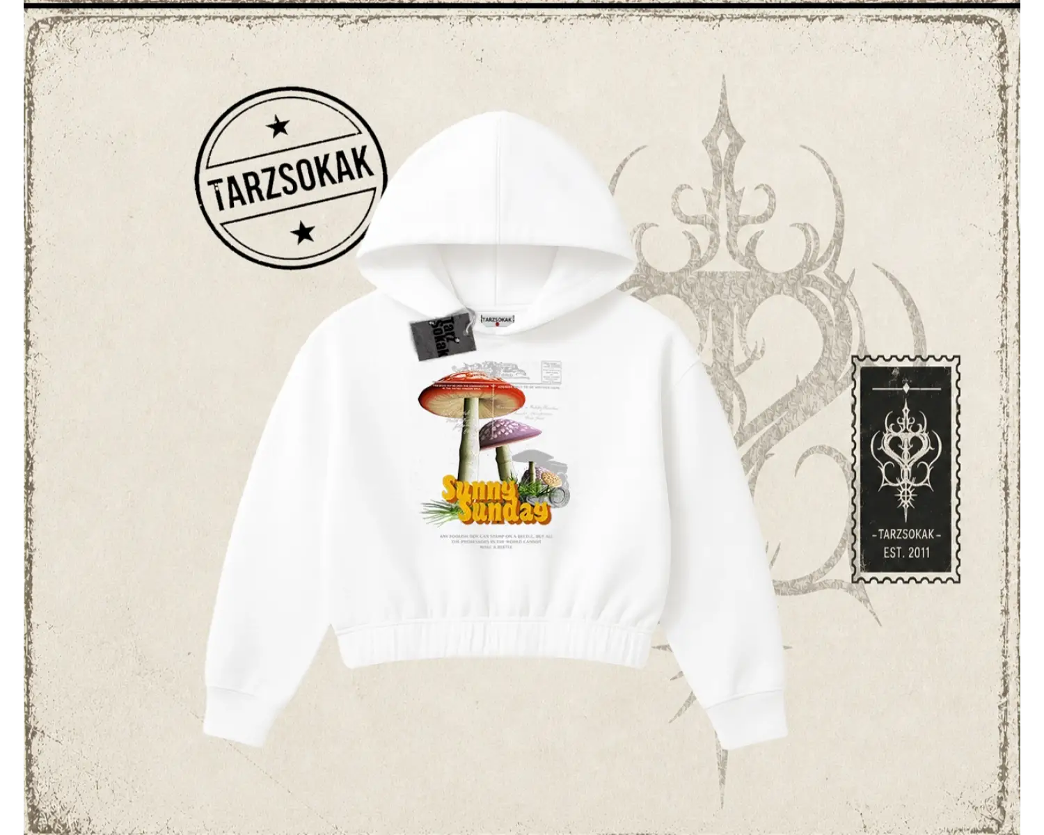 Unisex Sunny Sunday Kadın Crop Kapşonlu Sweatshirt Beyaz