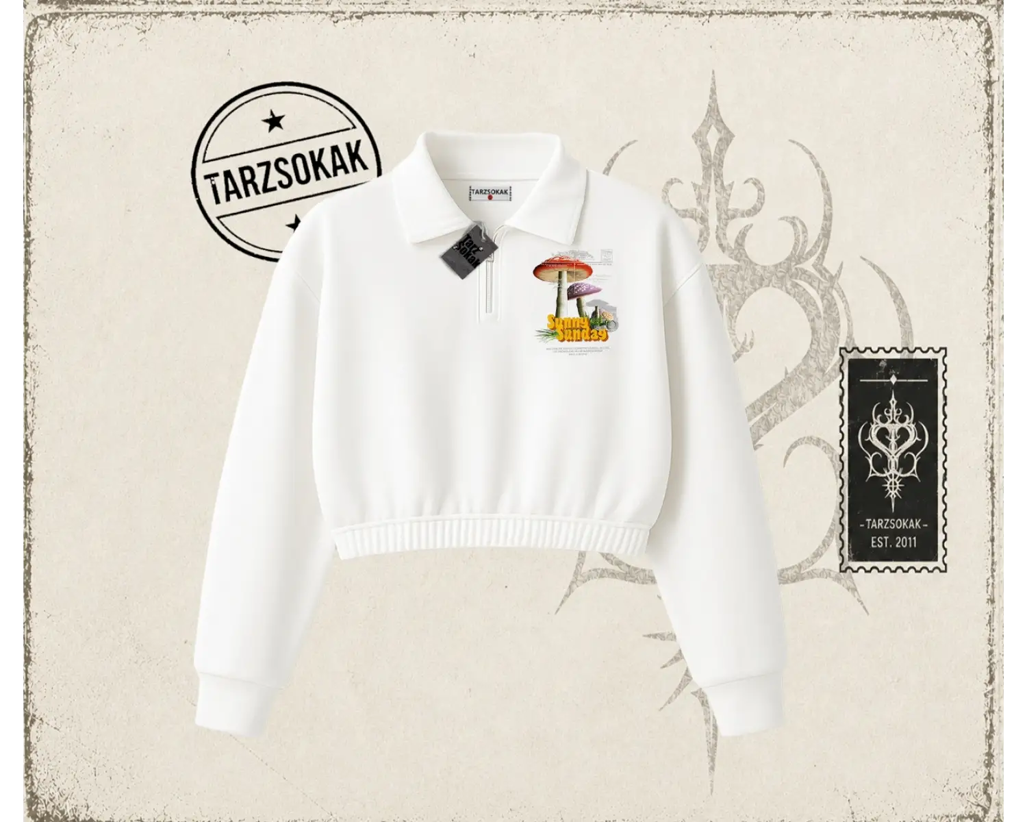 Unisex Sunny Sunday Kadın Crop Polo Yaka Yarım Fermuarlı Sweatshirt Beyaz