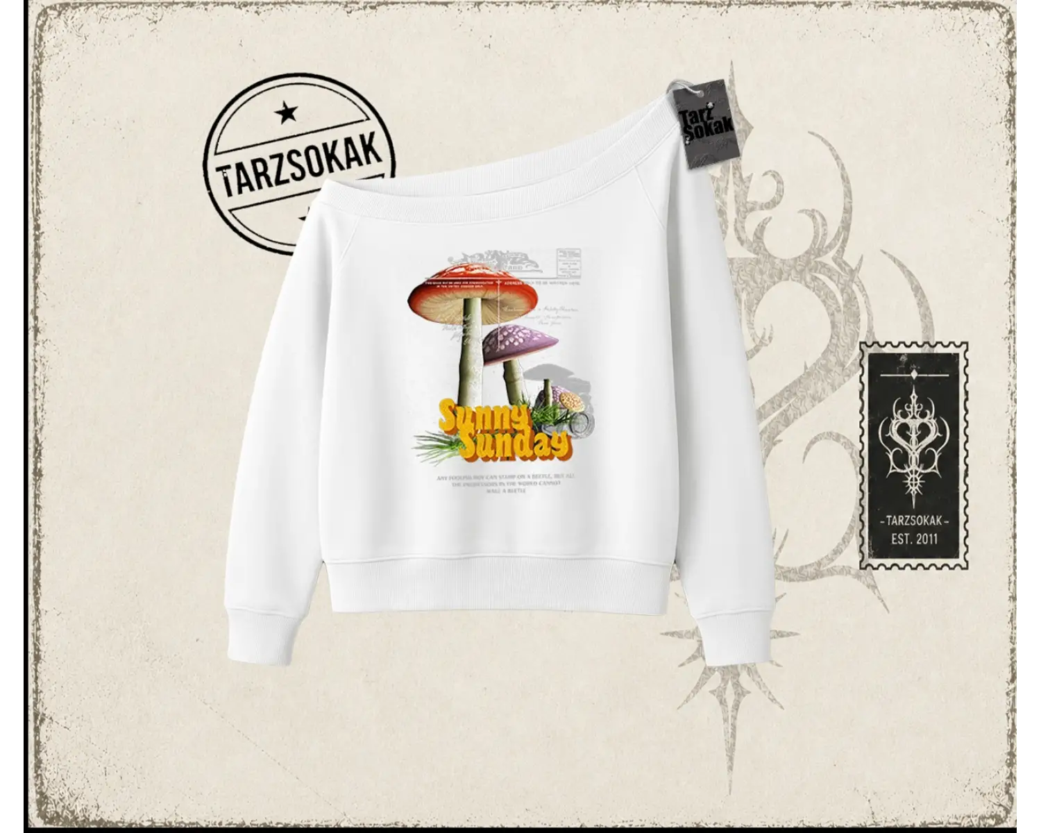 Unisex Sunny Sunday Kadın Kayık Yaka Sweatshirt Beyaz