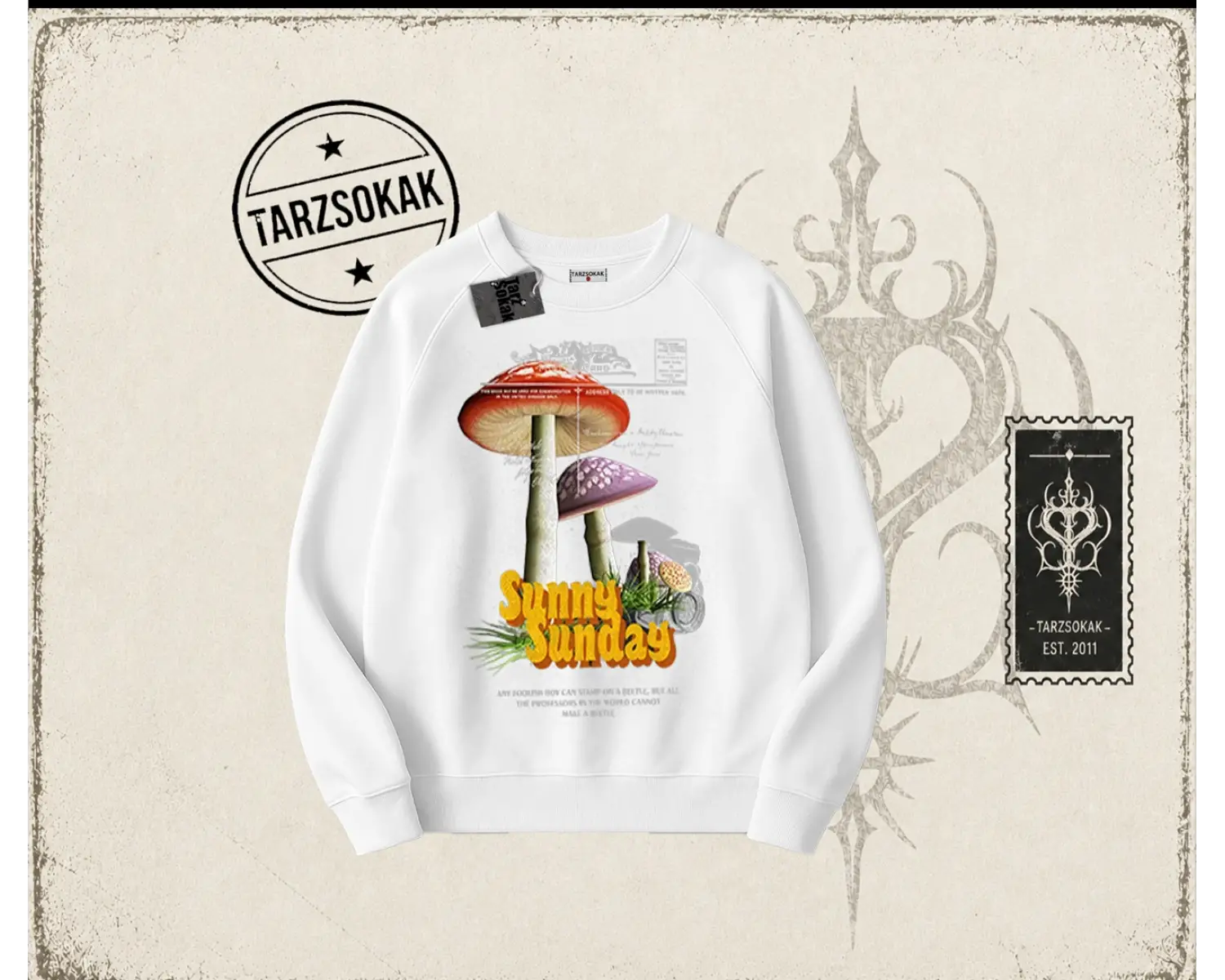 Unisex Sunny Sunday Oversize Unisex Bisiklet Yaka Sweatshirt Beyaz