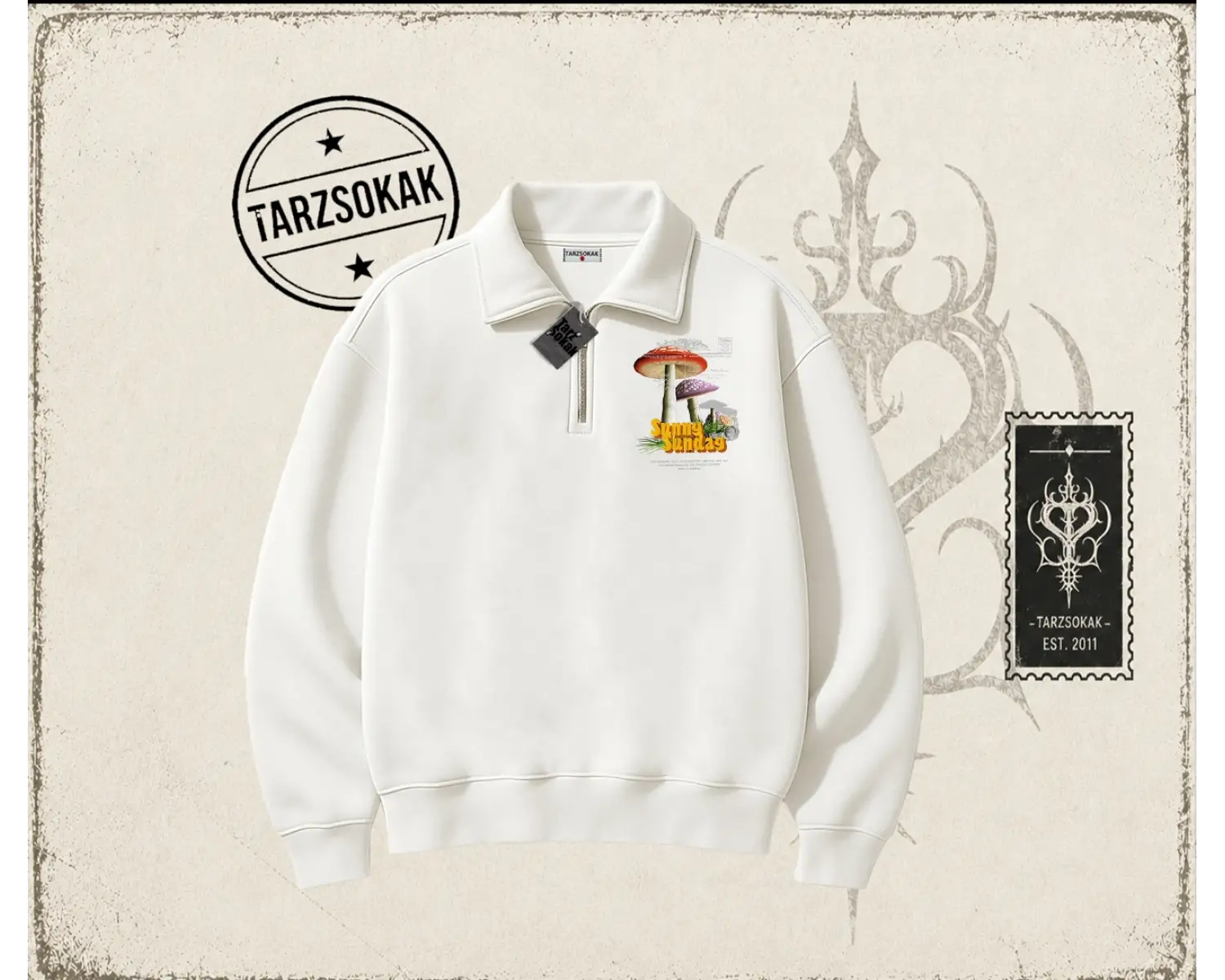 Unisex Sunny Sunday Unisex Polo Yaka Yarım Fermuarlı Sweatshirt Beyaz