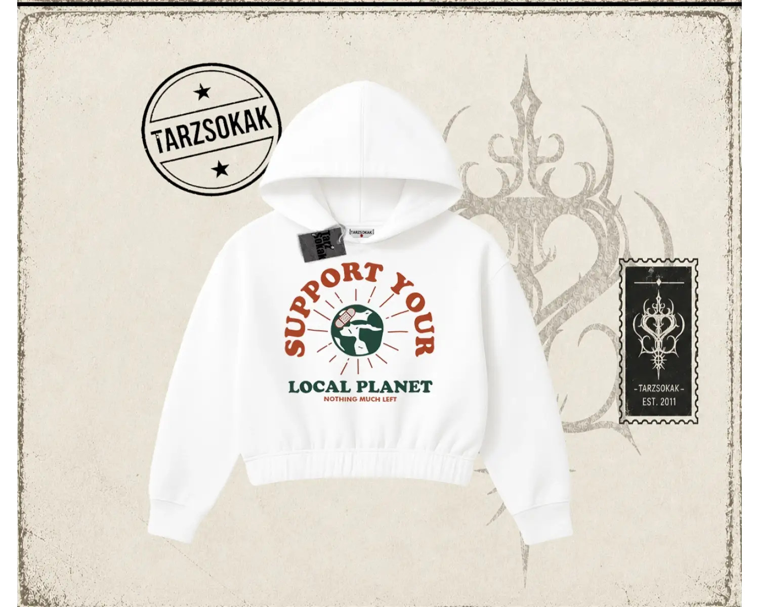Unisex Support Your Kadın Crop Kapşonlu Sweatshirt Beyaz