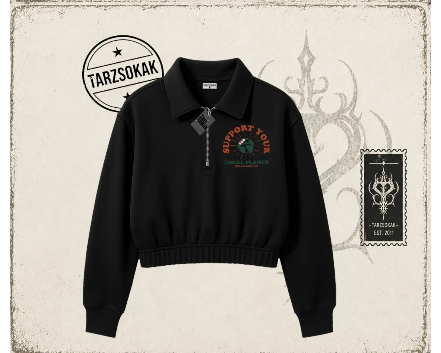 Unisex Support Your Kadın Crop Polo Yaka Yarım Fermuarlı Sweatshirt Beyaz