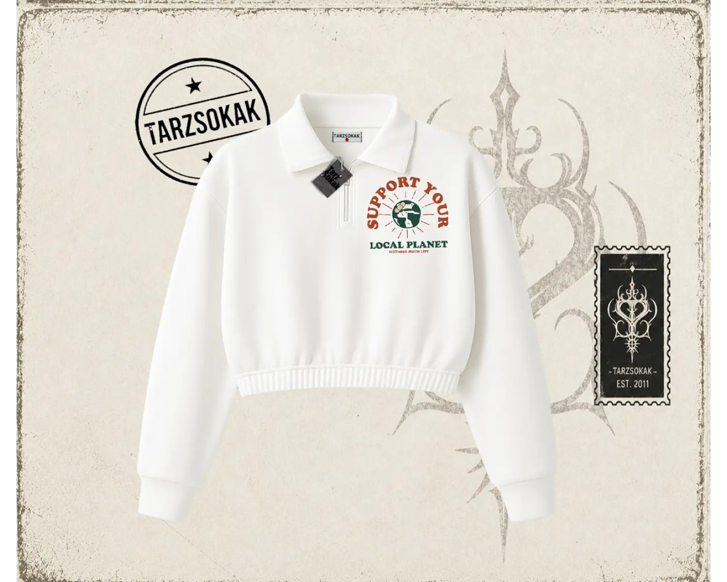 Unisex Support Your Kadın Crop Polo Yaka Yarım Fermuarlı Sweatshirt Beyaz