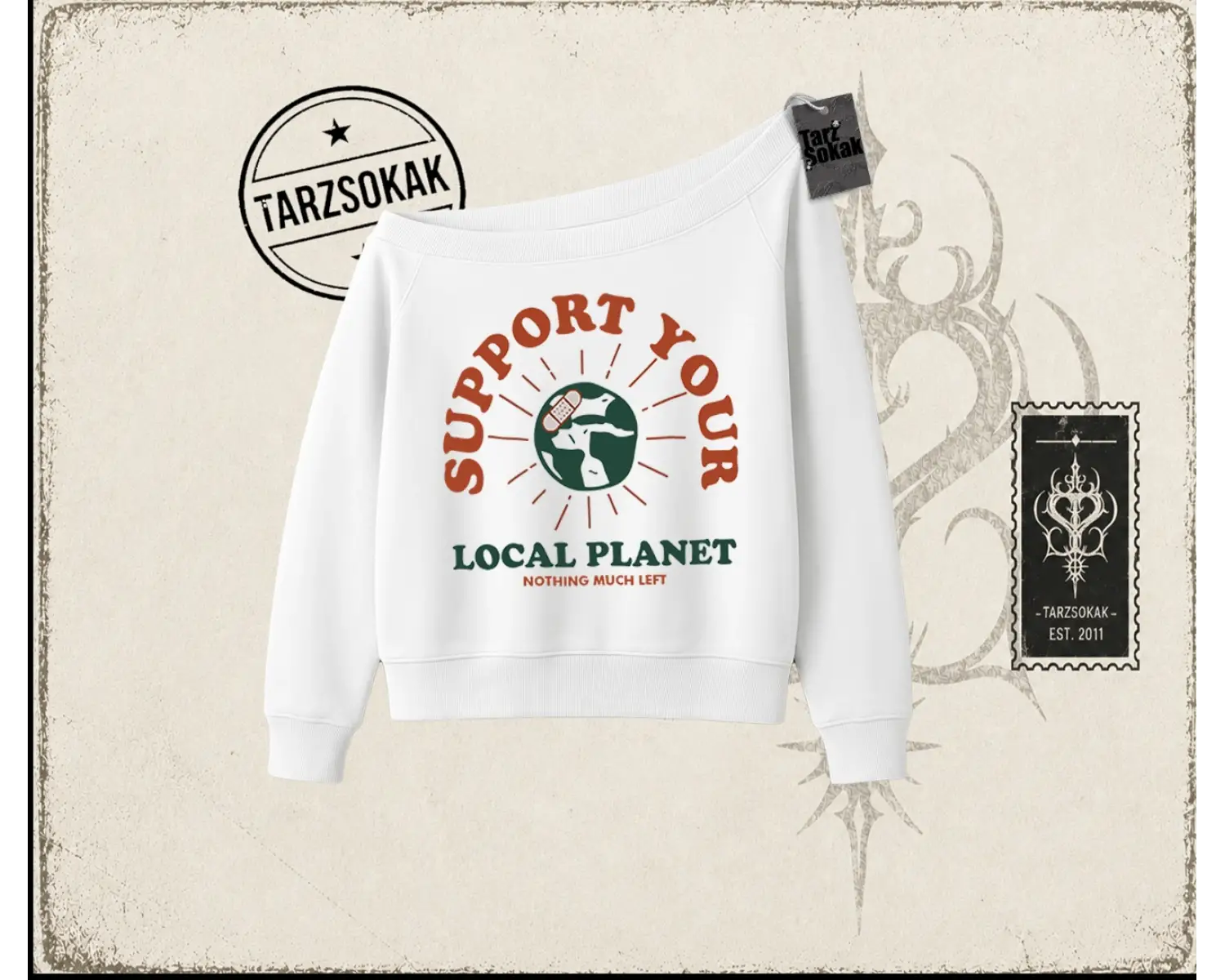 Unisex Support Your Kadın Kayık Yaka Sweatshirt Beyaz
