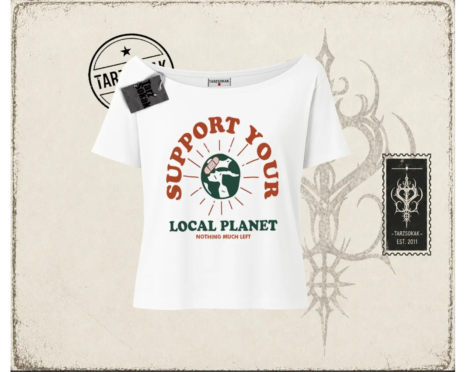 Unisex Support Your Kadın Kayık Yaka Tişört Beyaz