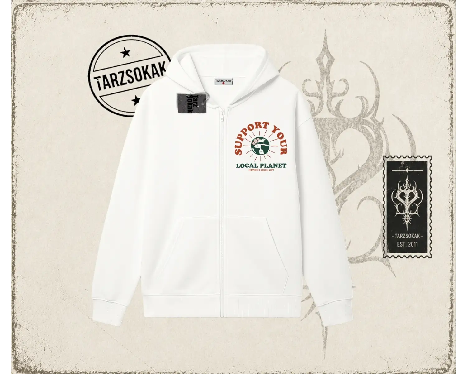 Unisex Support Your Oversize Unisex Hırka & Çeket Fermuarlı Sweatshirt Beyaz