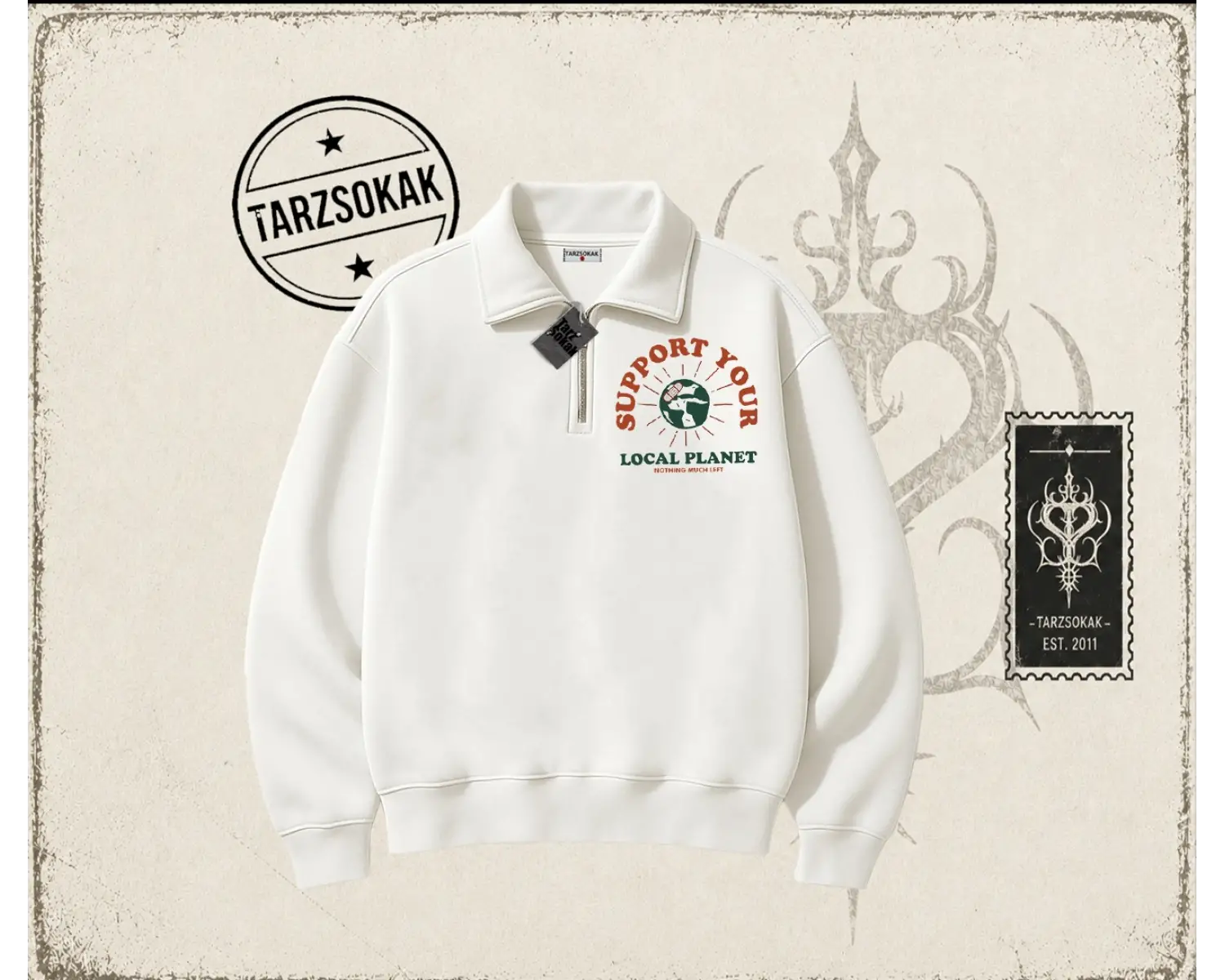 Unisex Support Your Unisex Polo Yaka Yarım Fermuarlı Sweatshirt Beyaz