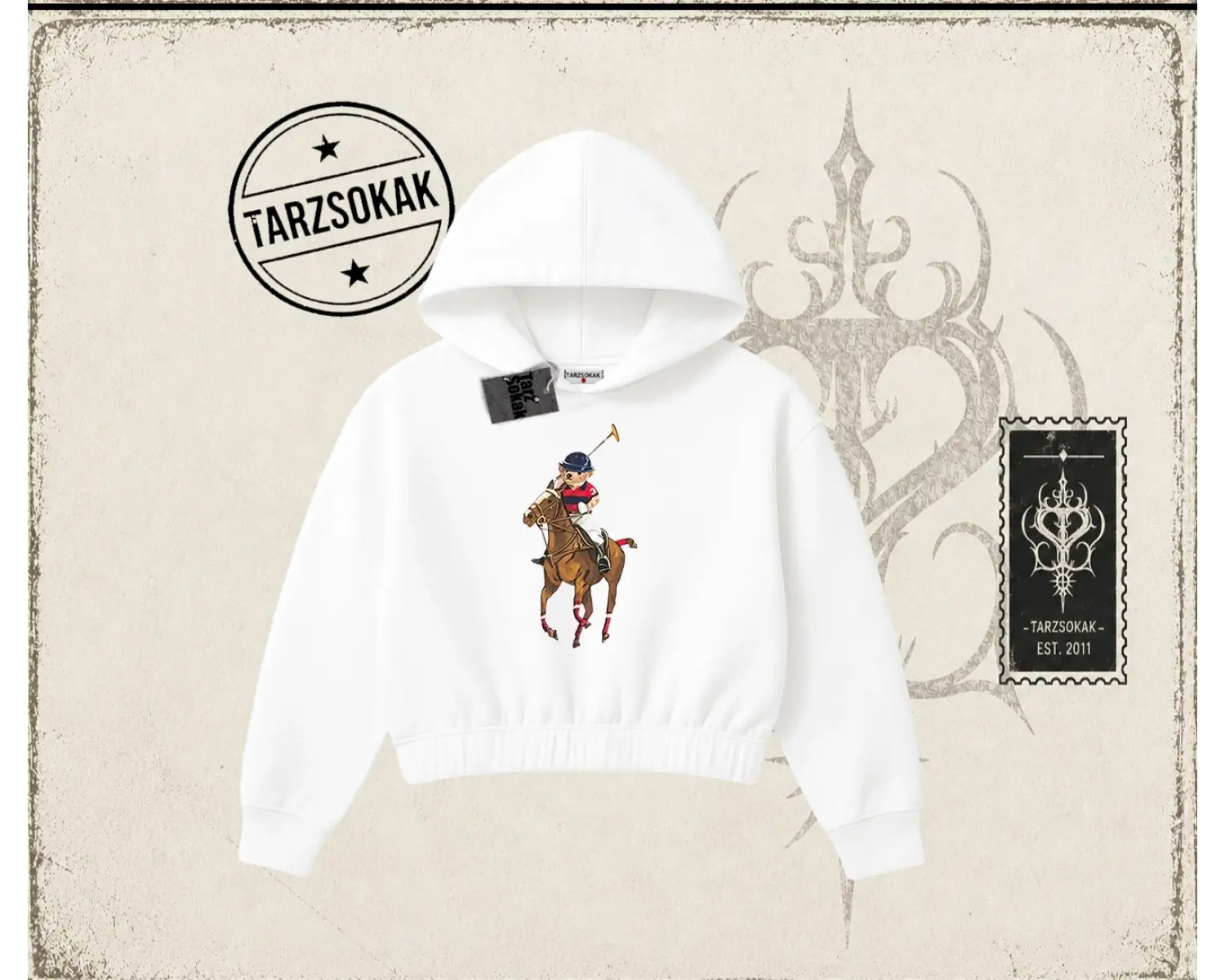 Unisex Teddy Horse Kadın Crop Kapşonlu Sweatshirt Beyaz