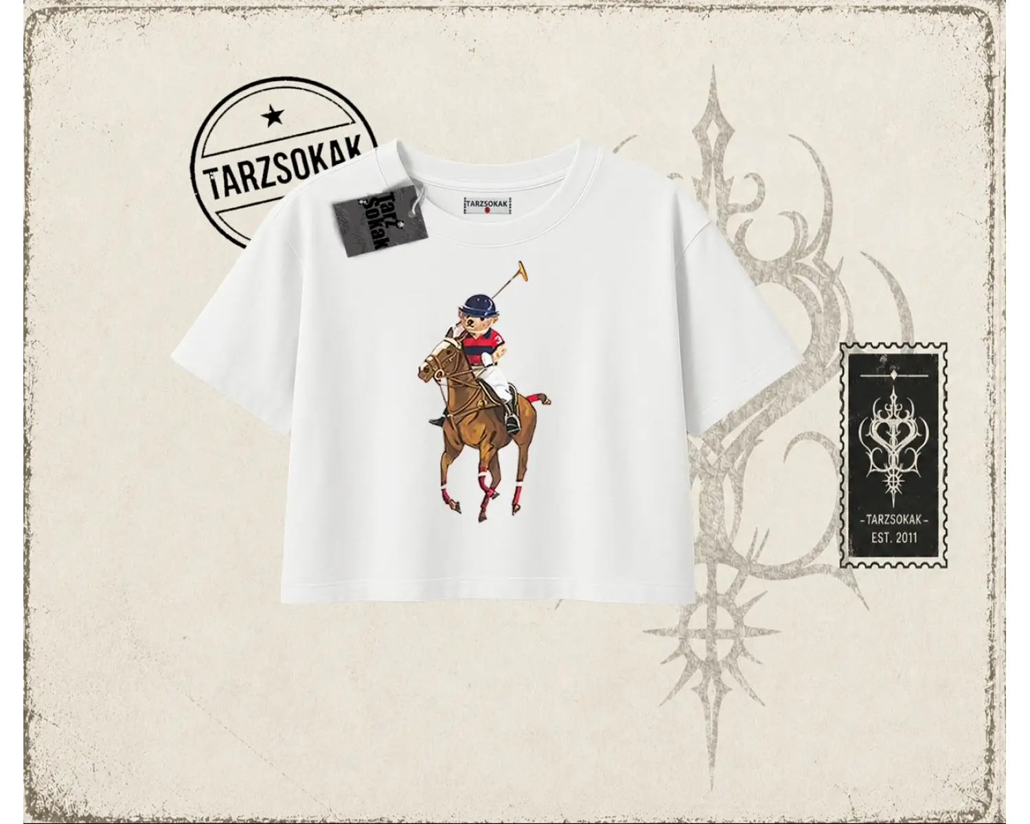 Unisex Teddy Horse Kadın Crop Tişört Beyaz