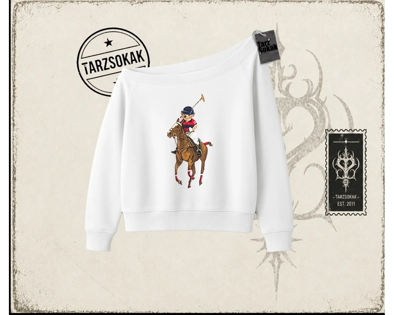 Unisex Teddy Horse Kadın Kayık Yaka Sweatshirt Beyaz