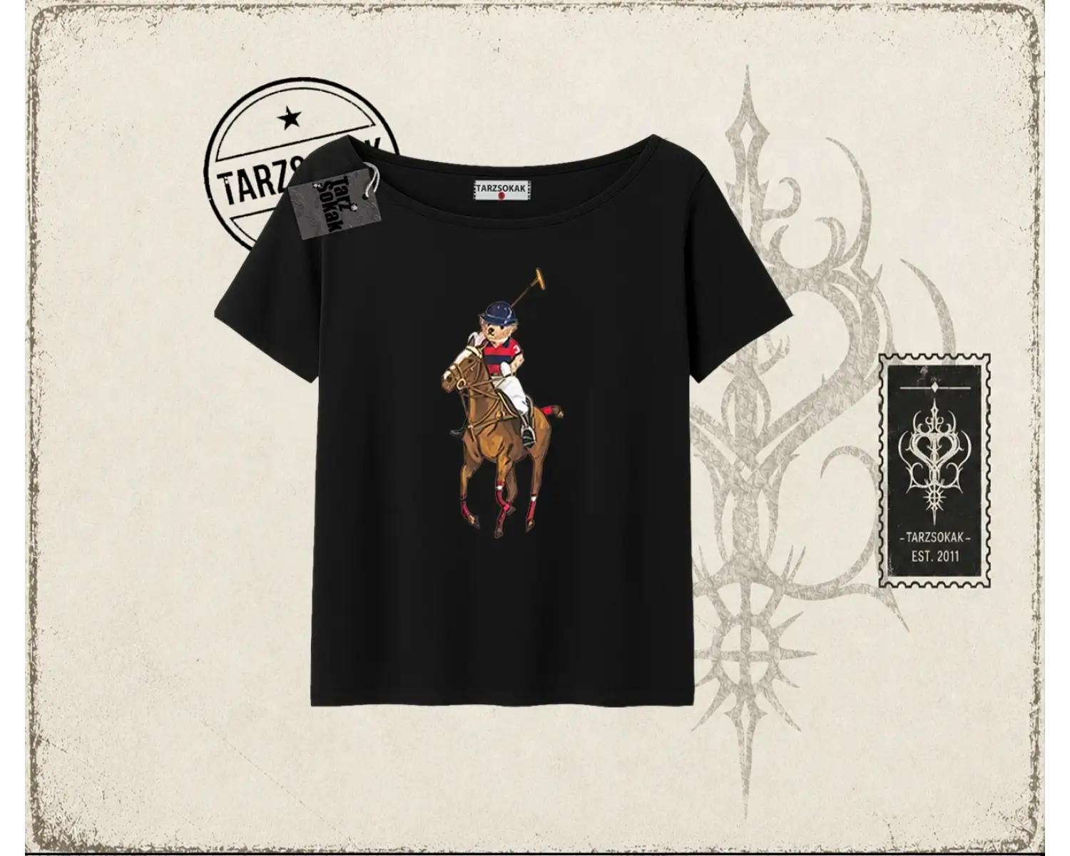 Unisex Teddy Horse Kadın Kayık Yaka Tişört Beyaz