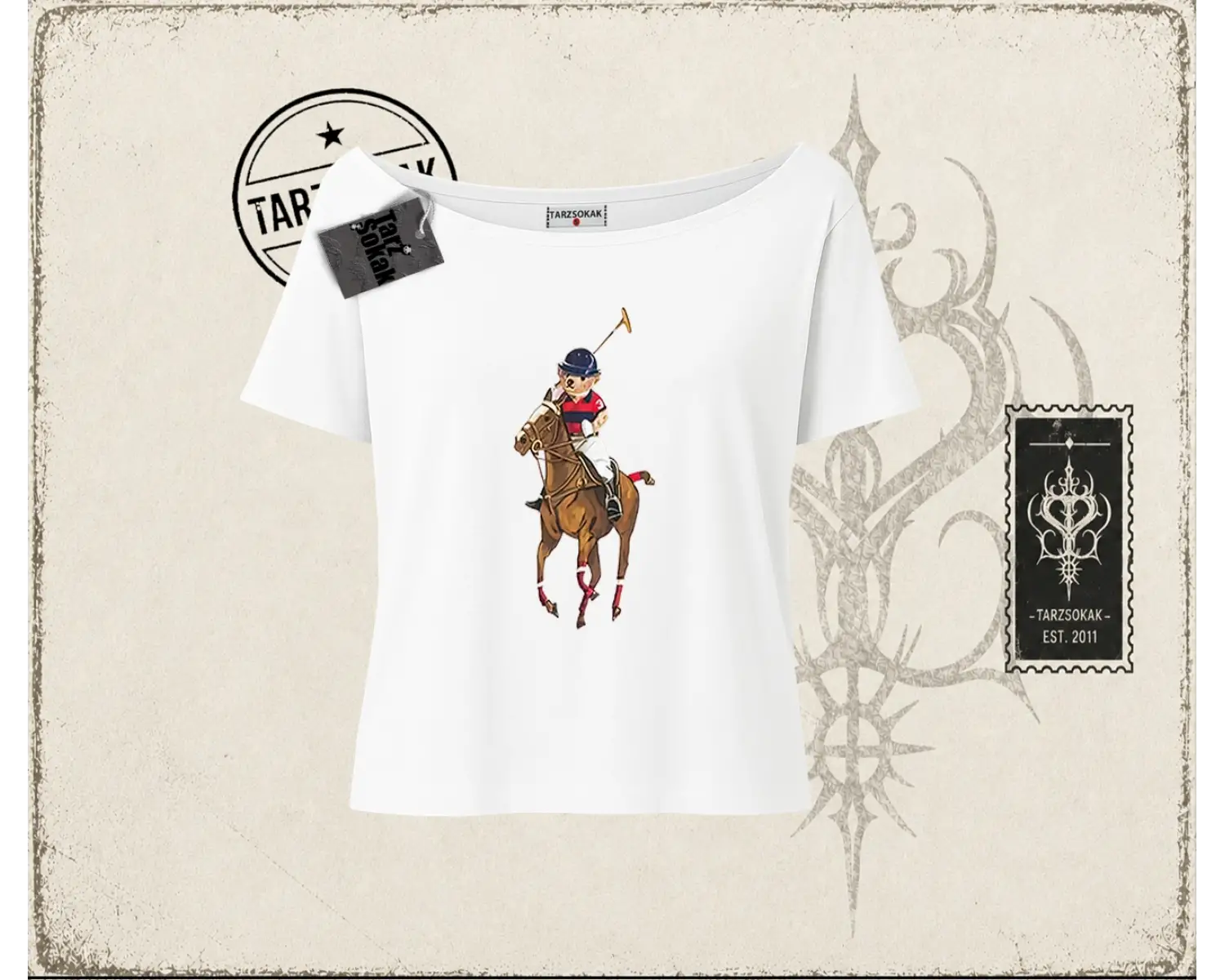 Unisex Teddy Horse Kadın Kayık Yaka Tişört Beyaz