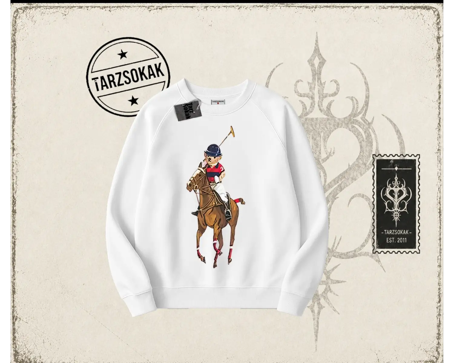 Unisex Teddy Horse Oversize Unisex Bisiklet Yaka Sweatshirt Beyaz