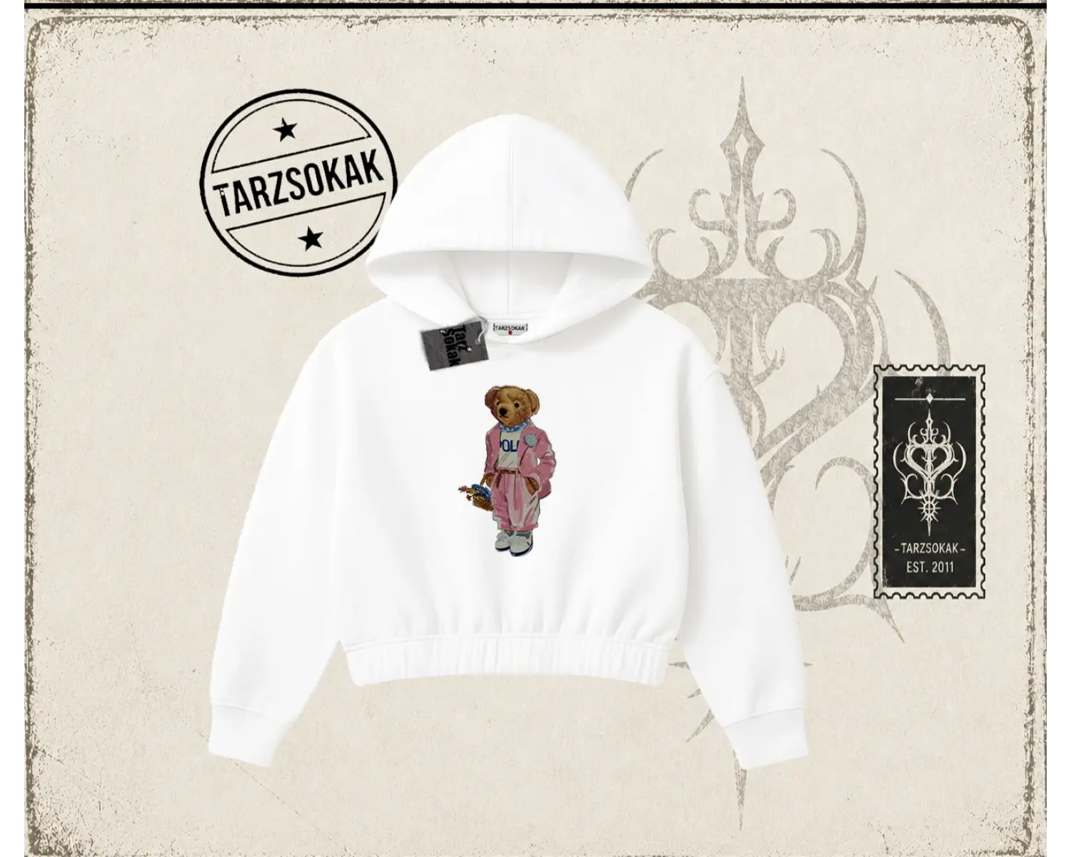 Unisex Teddy Kadın Crop Kapşonlu Sweatshirt Beyaz
