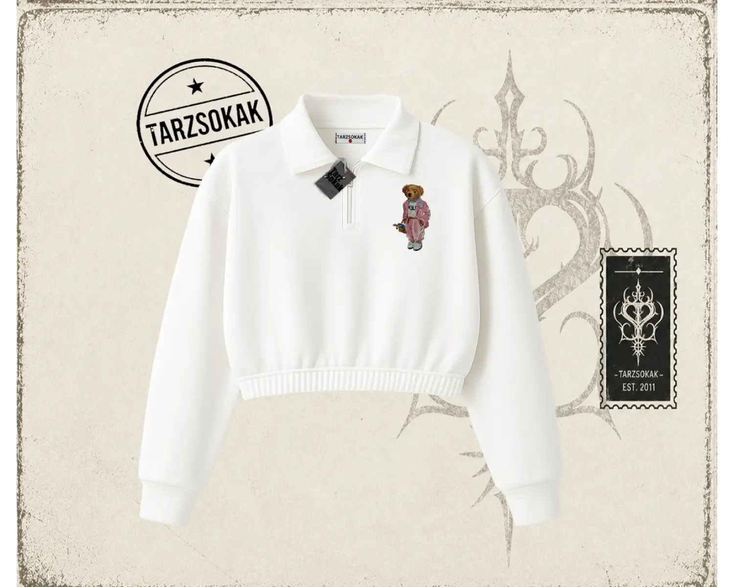 Unisex Teddy Kadın Crop Polo Yaka Yarım Fermuarlı Sweatshirt Beyaz