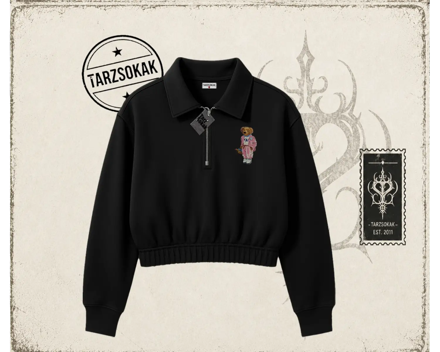 Unisex Teddy Kadın Crop Polo Yaka Yarım Fermuarlı Sweatshirt Beyaz