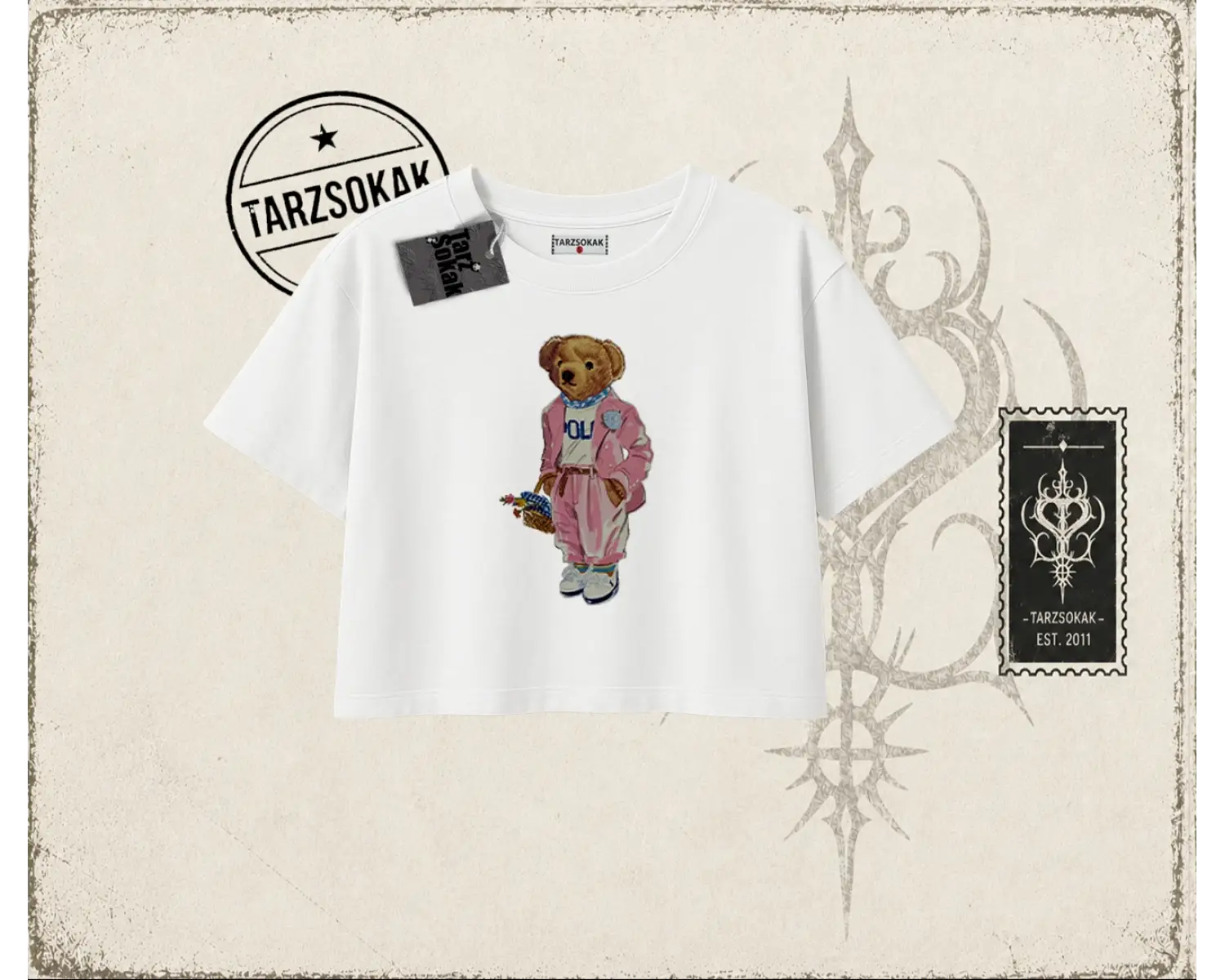 Unisex Teddy Kadın Crop Tişört Beyaz